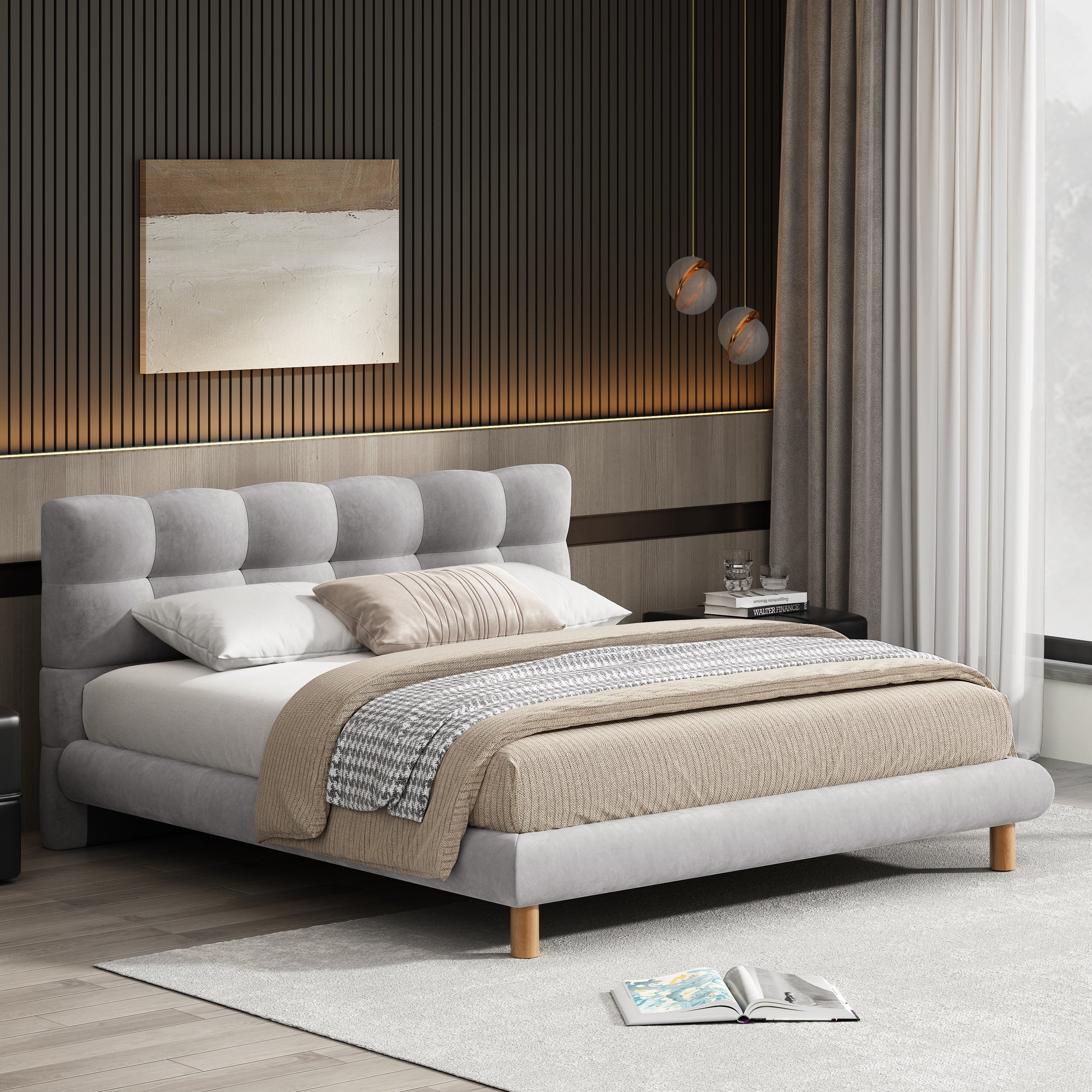 Full Size Upholstered Platform Bed Frame with Cookie-Shaped Headboard Easy Assembly Soft Chenille In Grey