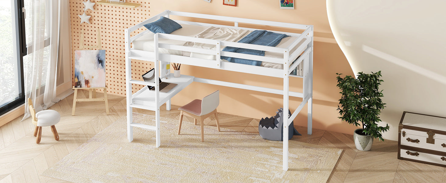 Twin Size Loft Bed For Kids with Desk, Shelves, Safety Guardrail & Ladder