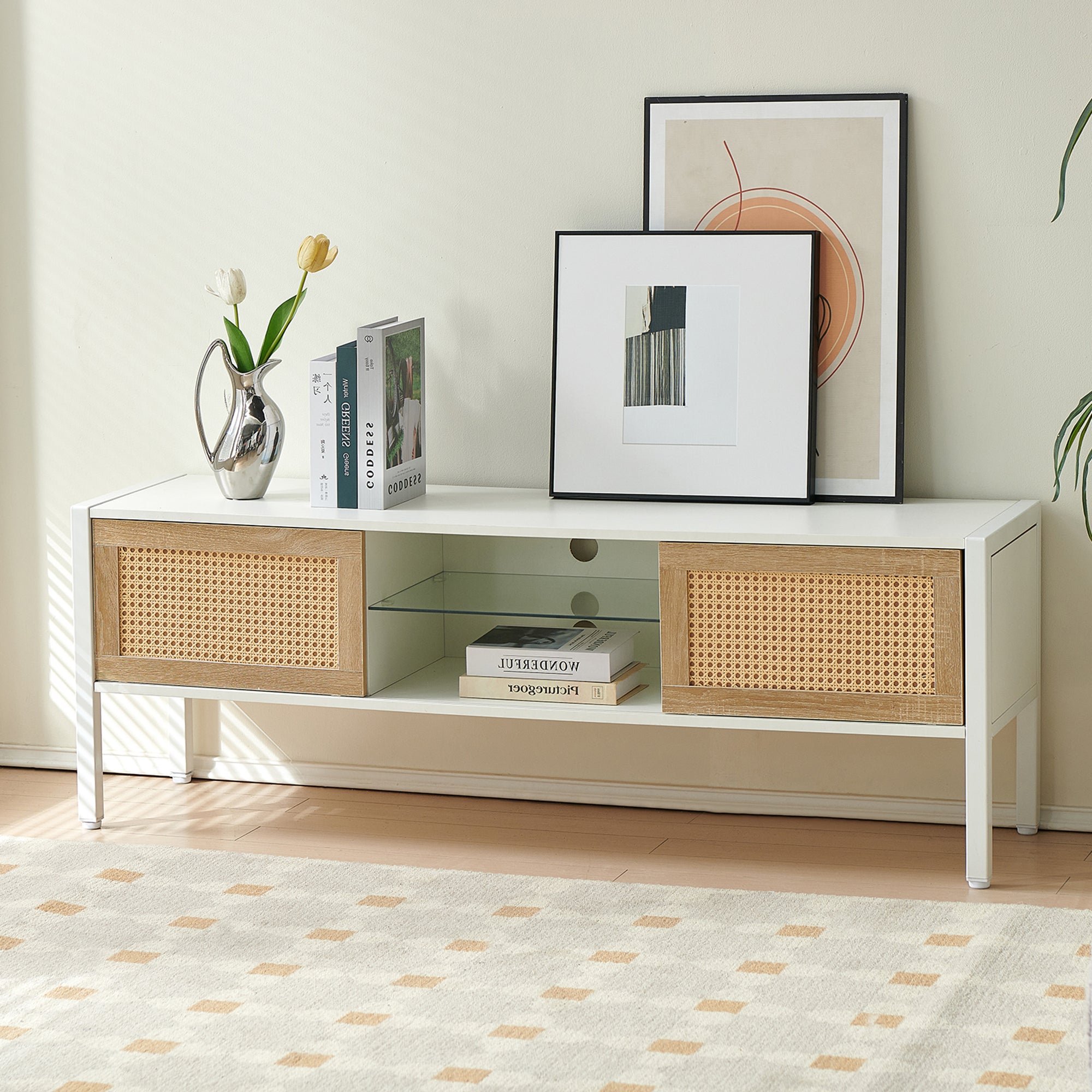 54.33 Rattan TV Cabinet with Light Strip and Sliding Doors In White