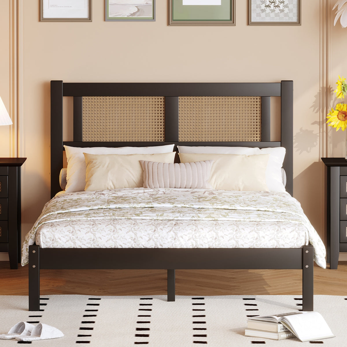 Full Size Wooden Platform Bed with Rattan Headboard Exquisite Elegance and Minimalist Charm In Black