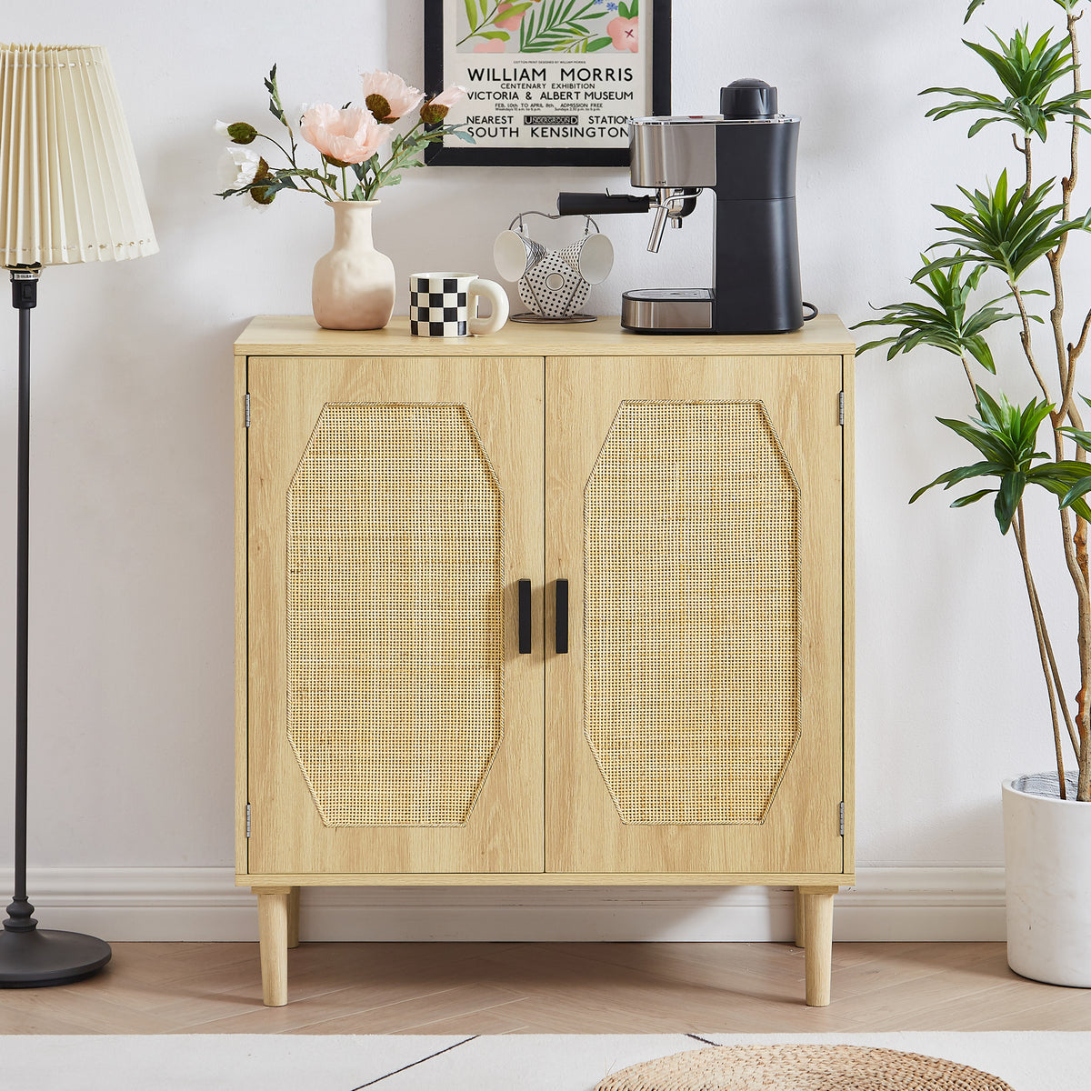 35" Natural Tone Rattan Door Kitchen Cabinet
