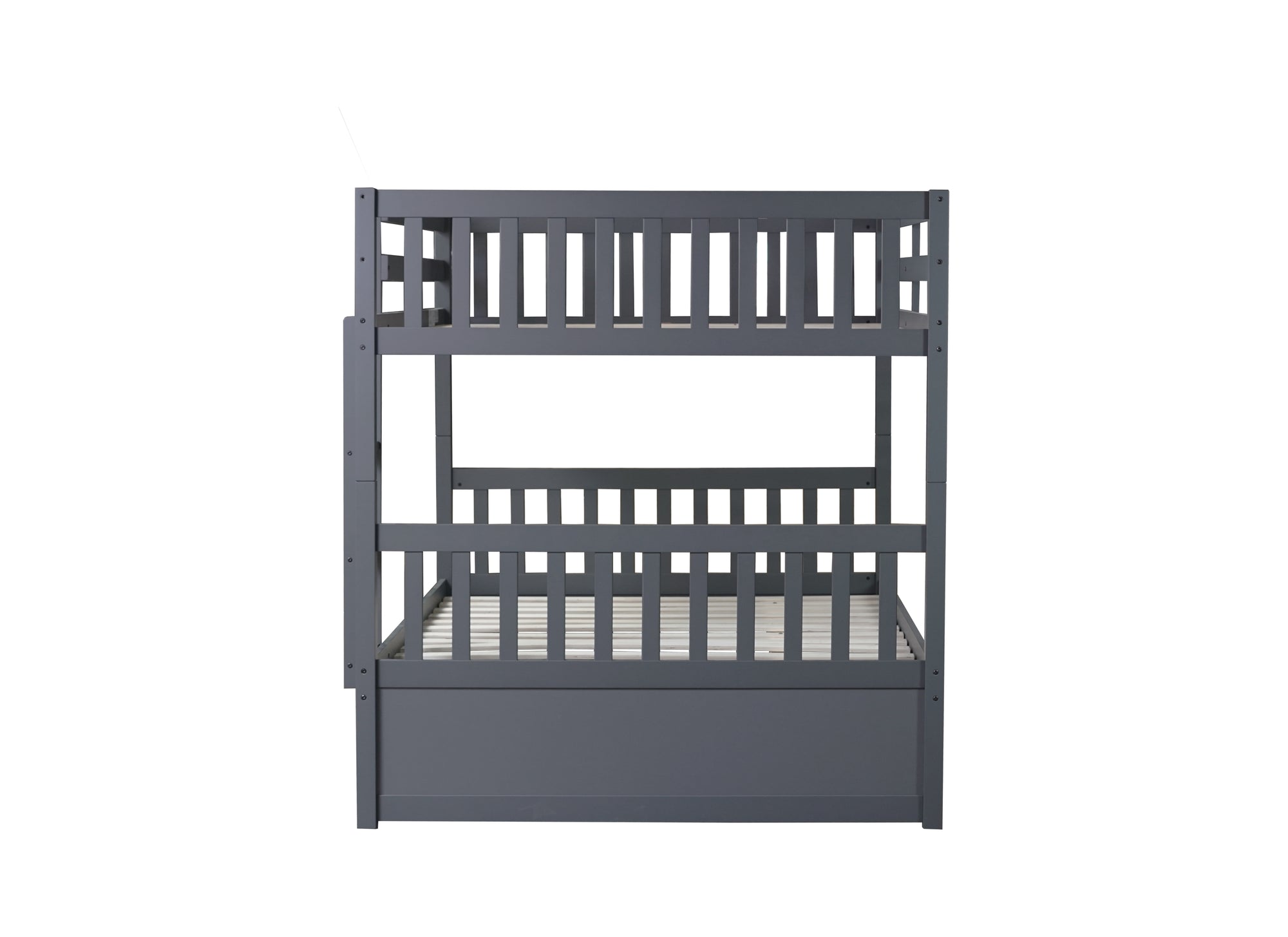 Dark Gray Full Over Full Rubber Wood Bunk Bed with Trundle, Ladder, and Guardrails