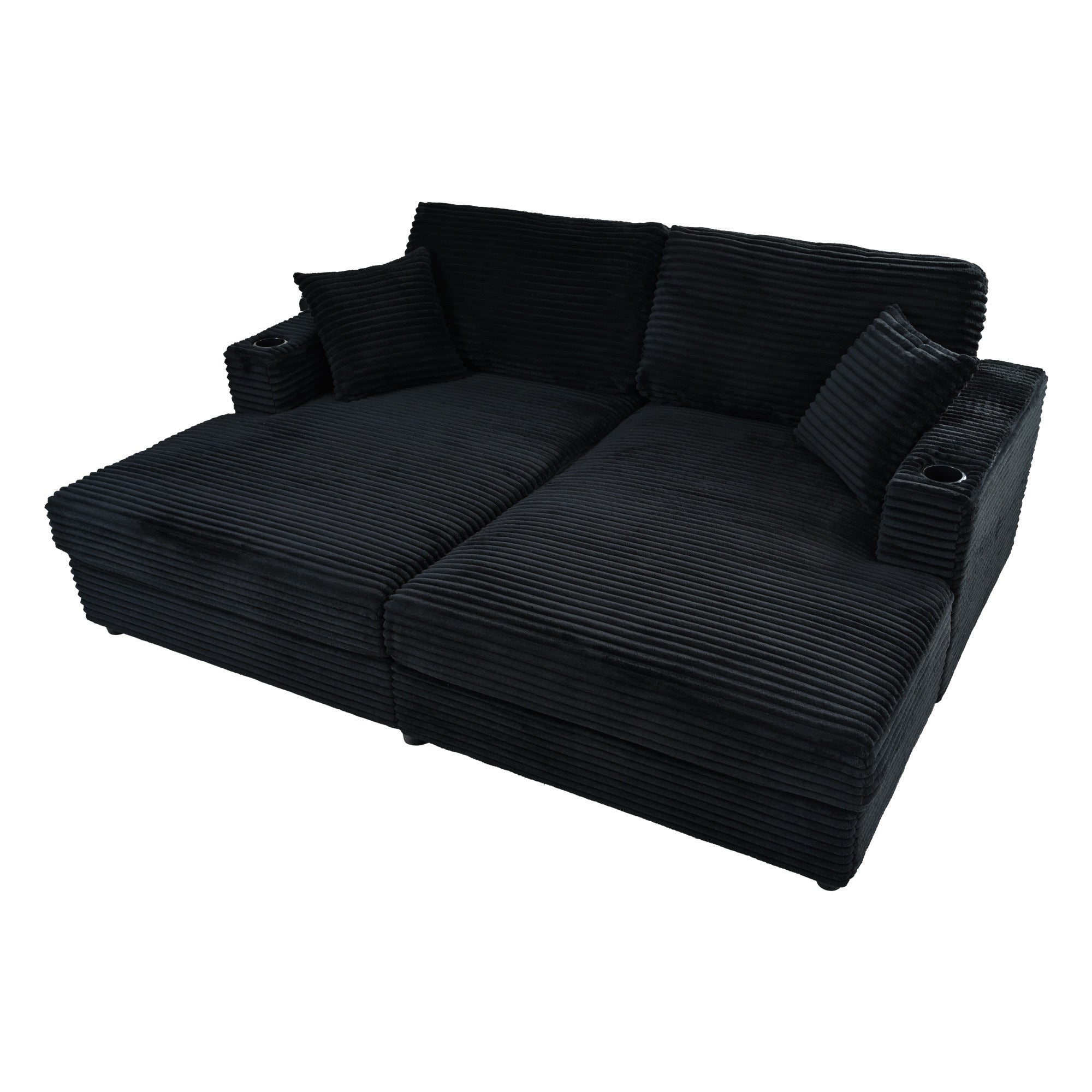 2-Seater Corduroy Chaise Lounge Sofa With Cup Holders