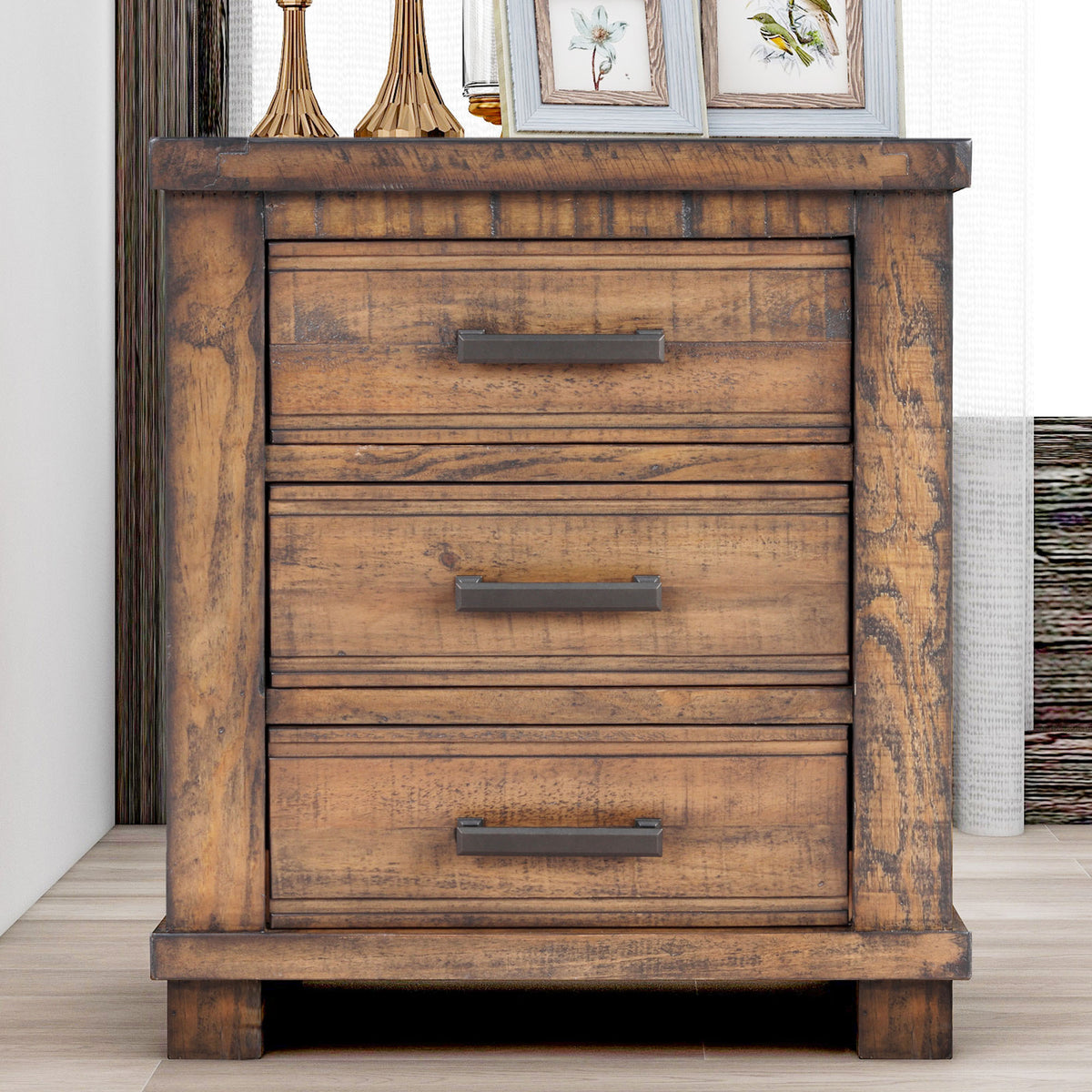 Rustic Three Drawer Reclaimed Solid Wood Farmhouse Nightstand In Natural