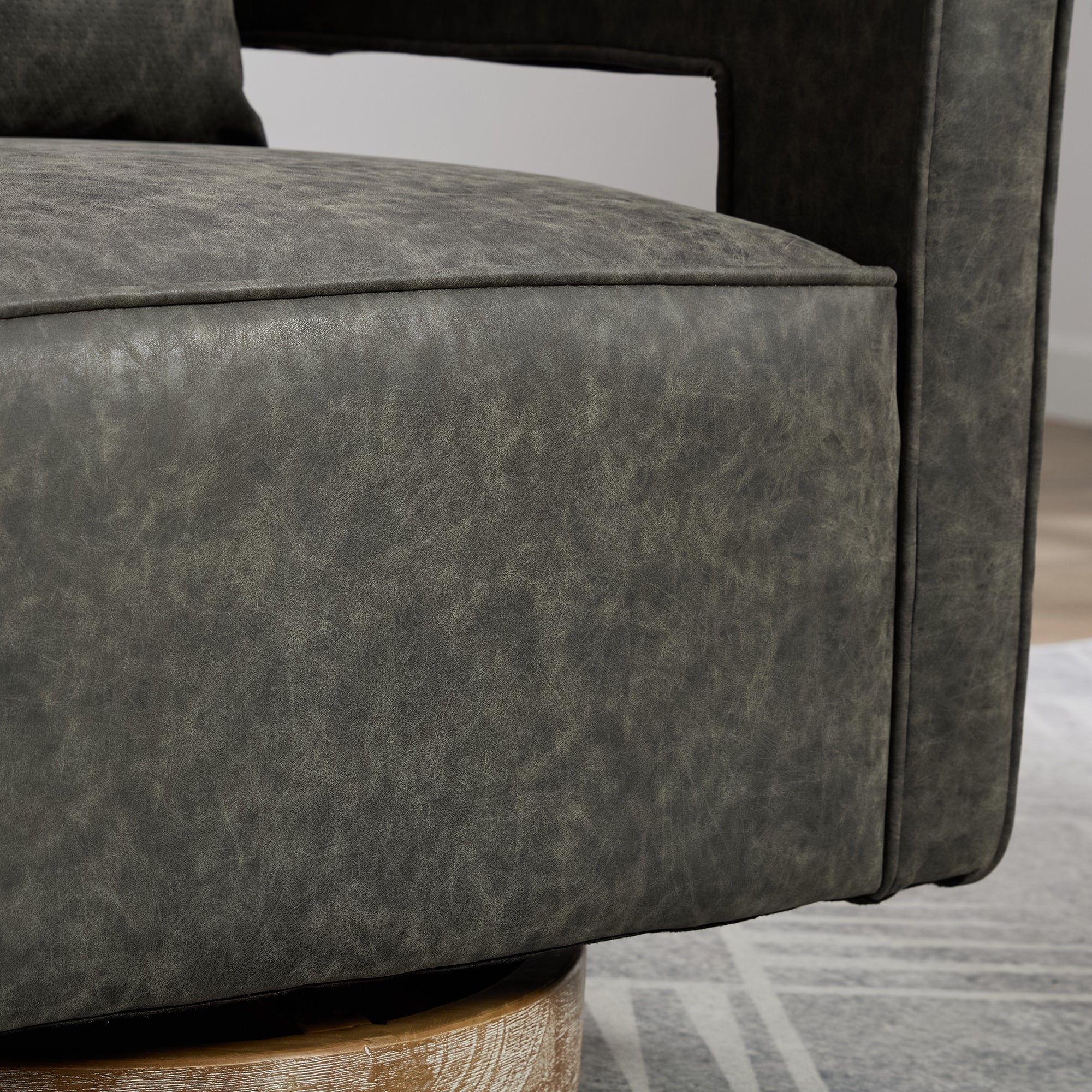 Futuristic Open Back Gray Swivel Accent Chair with Weathered Solid Wood Base