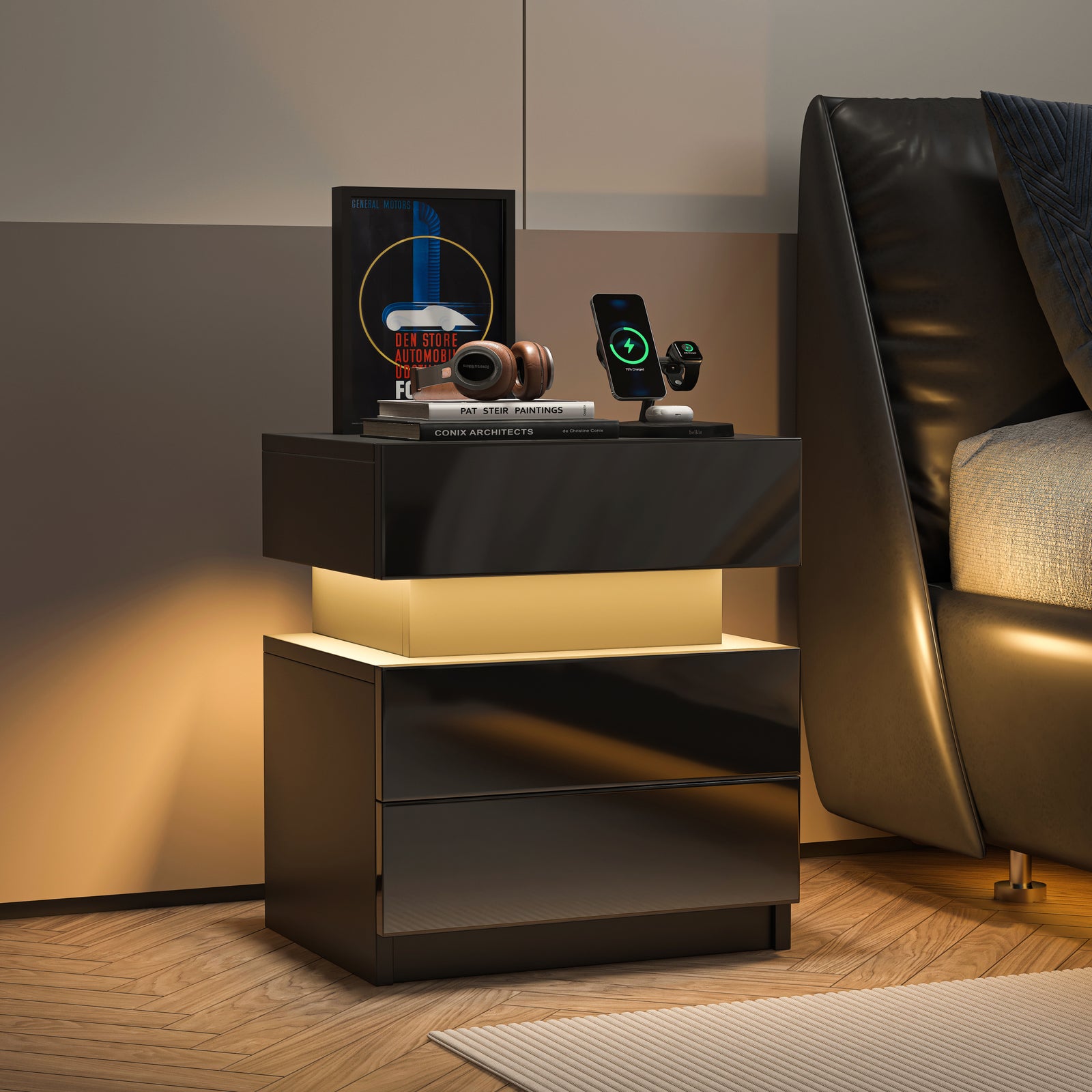 Nøordka Light Nightstand Default 18" Modern Gloss Black LED Nightstand with Remote Control