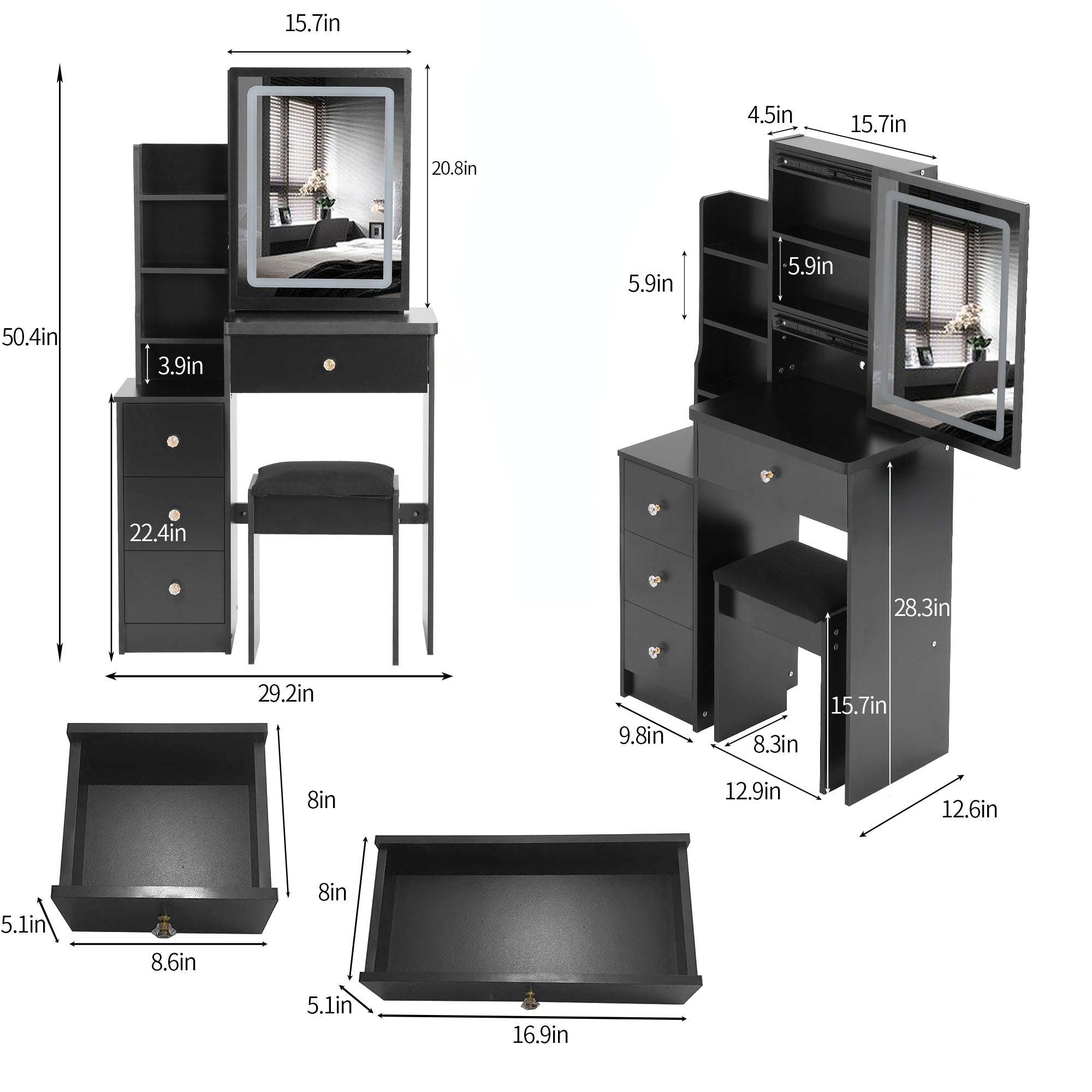 Small Size Left Bedside Cabinet Vanity Table With Cushioned Stool And LED Mirror Brightness Adjust In Black