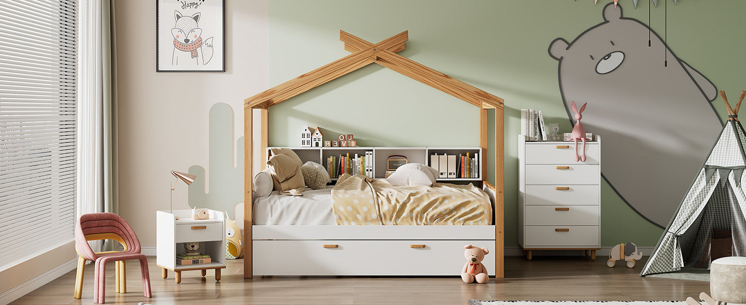 White and Natural Tone Full House Bed with Trundle and Bookshelf Storage