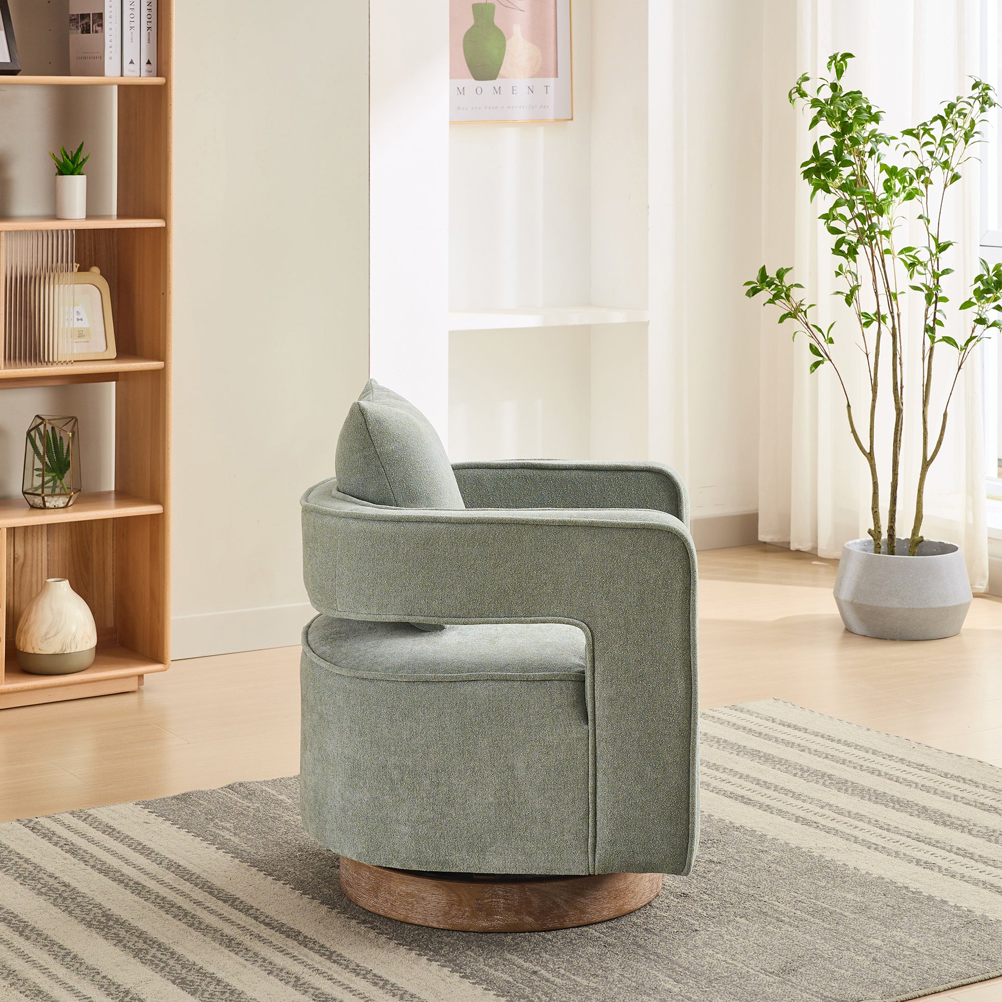 Pale Green Swivel Accent Chair with Weathered Solid Wood Base