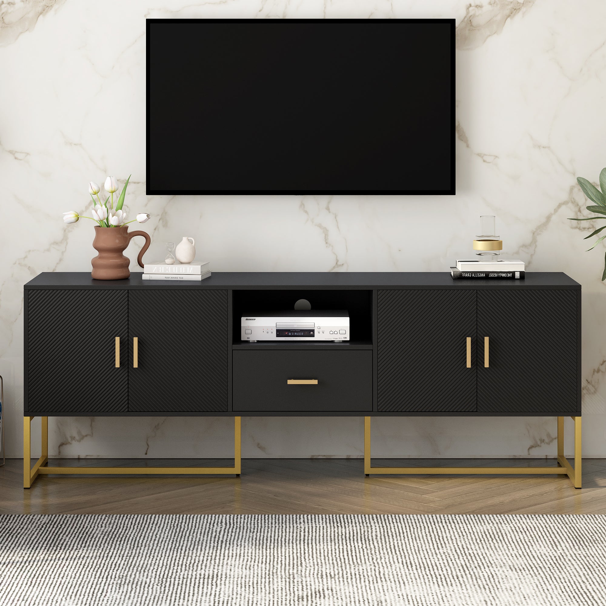 Modern TV Stand for TVs Up to 70 Inches With 1 Drawer 2 Cabinets Metal Legs and Anti-tip Device In Black