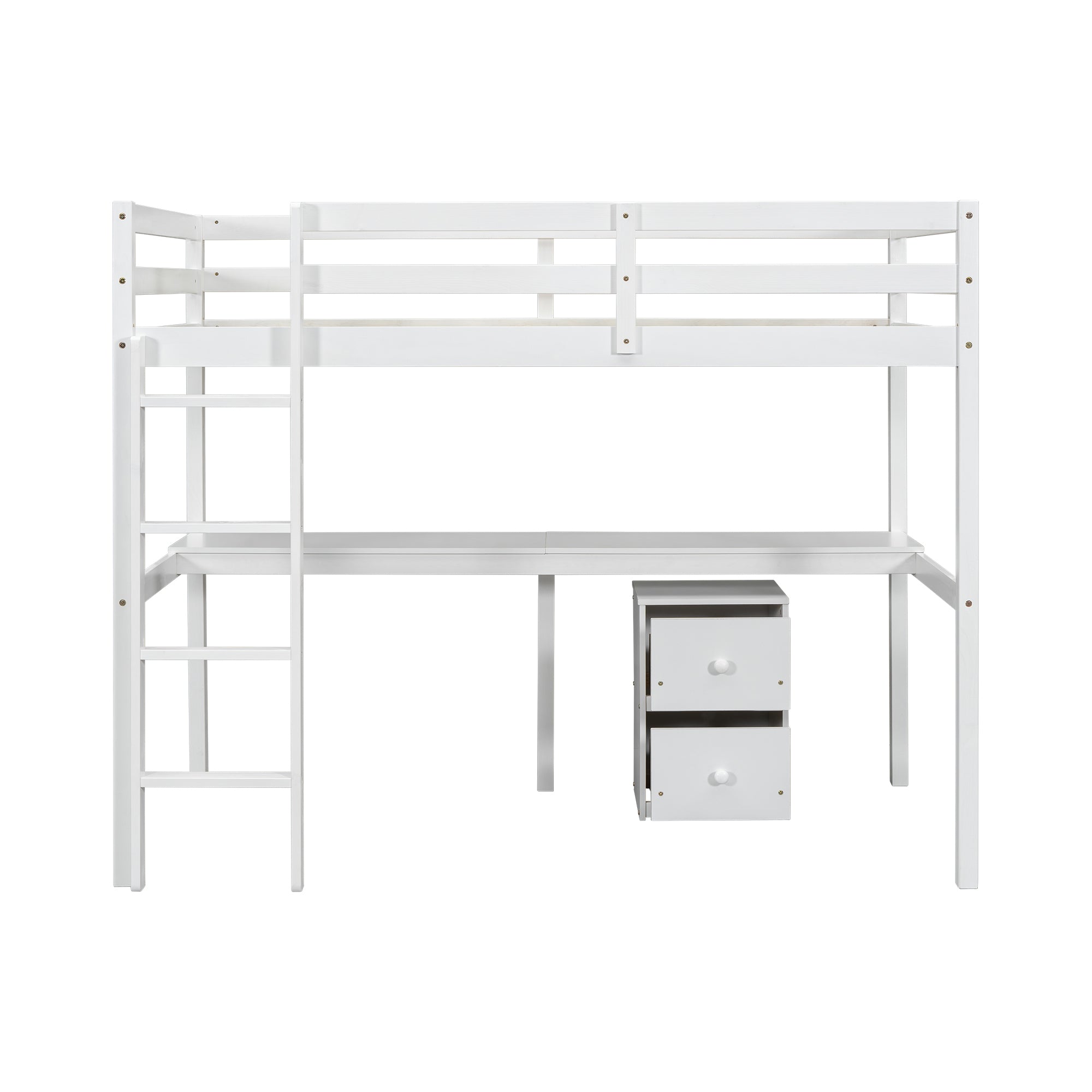 White Twin Loft Bed with Built-in Desk, Storage Cabinet, Guardrails & Ladder