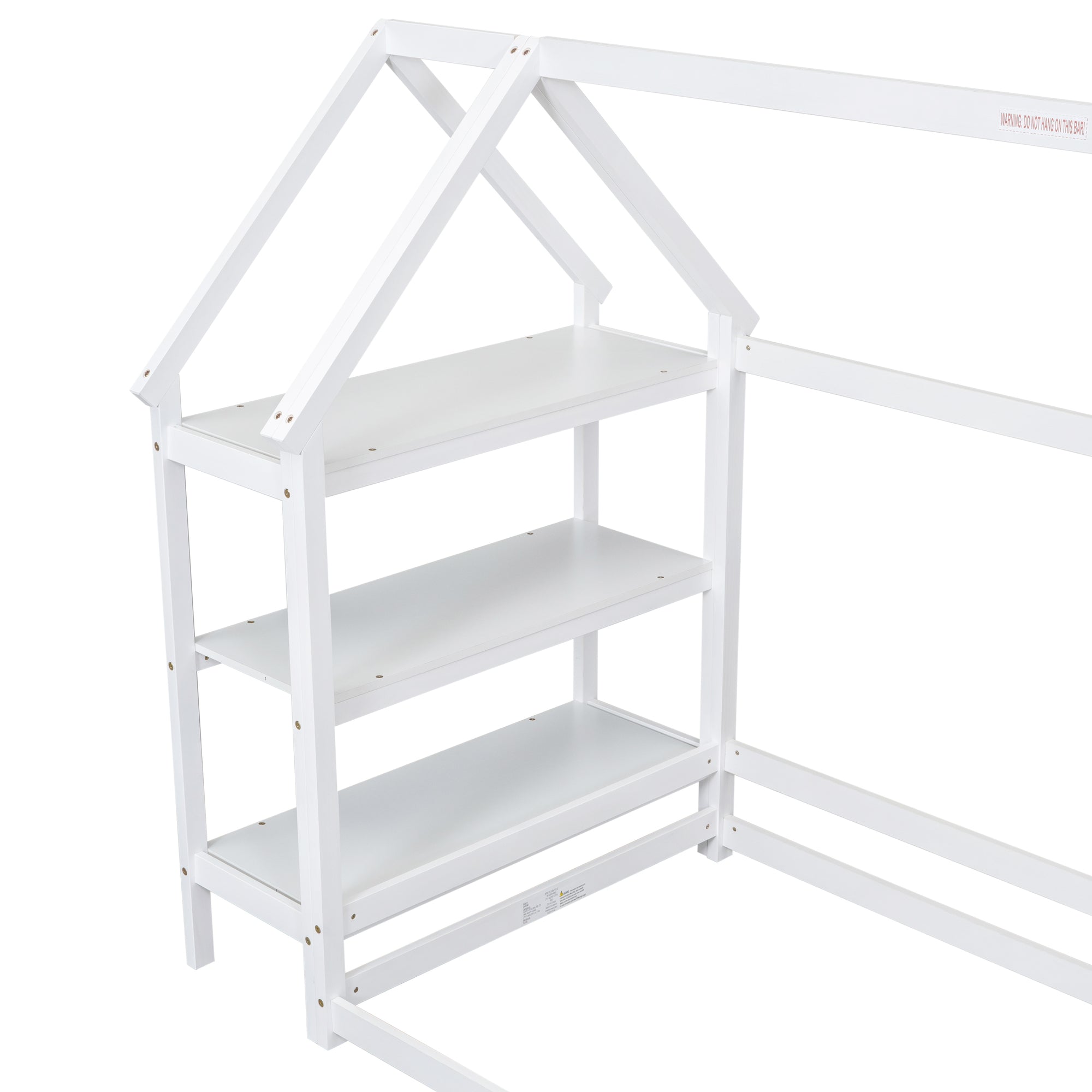 Twin Size Wood House-Shaped Floor Bed with Storage Shelf and Hanger in White