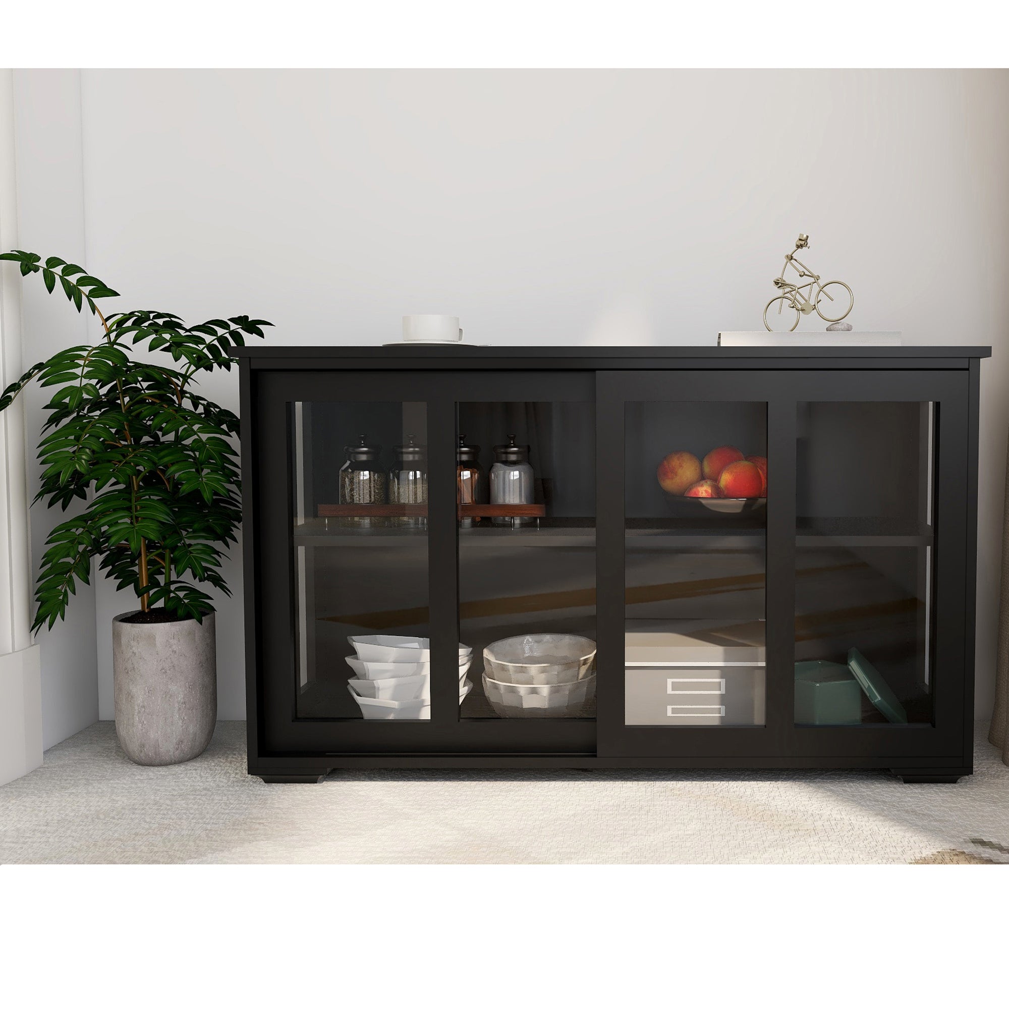 Kitchen Storage Stand Cupboard With Glass Door In Black