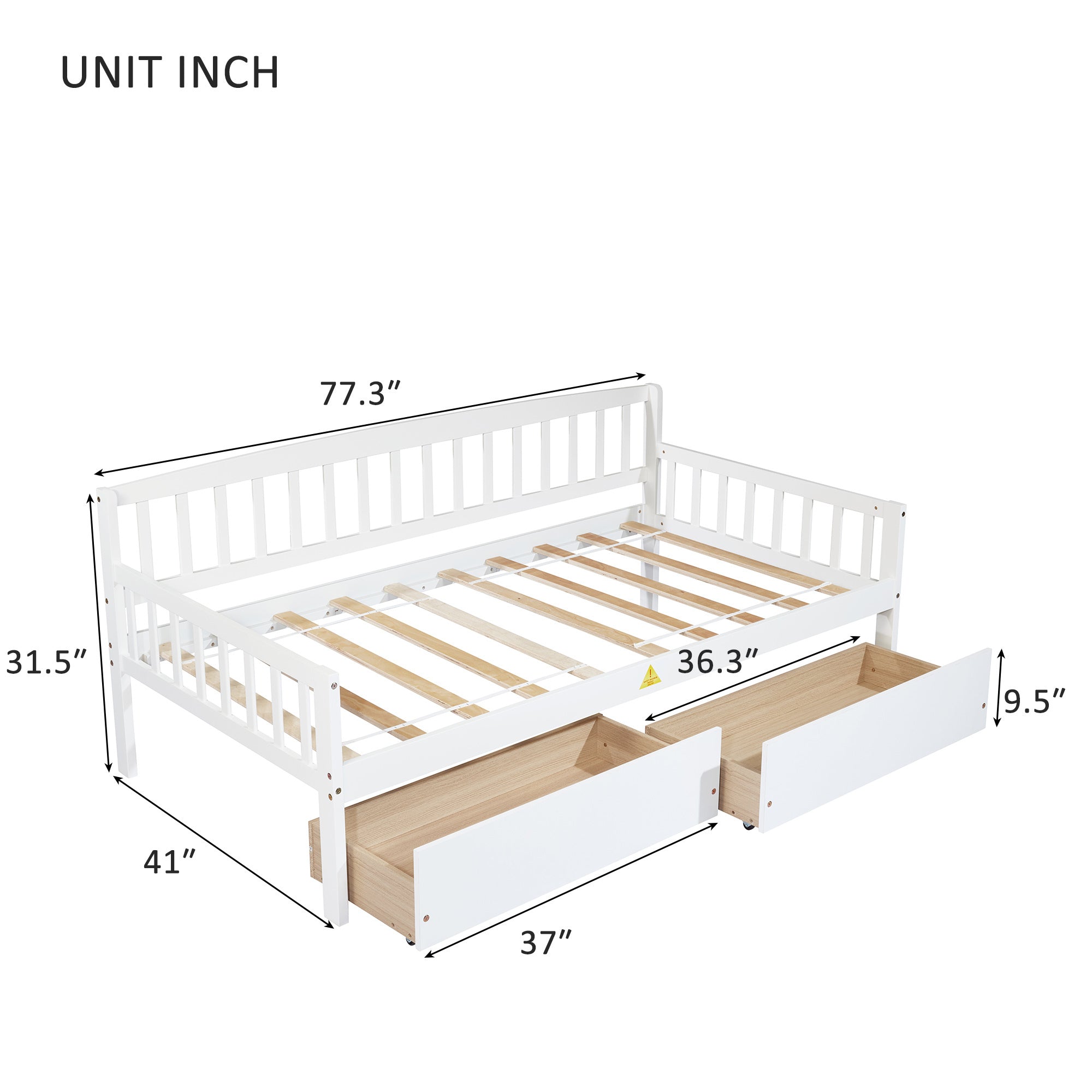 Twin-Size Pine Wood Daybed with Two Storage Drawers In White