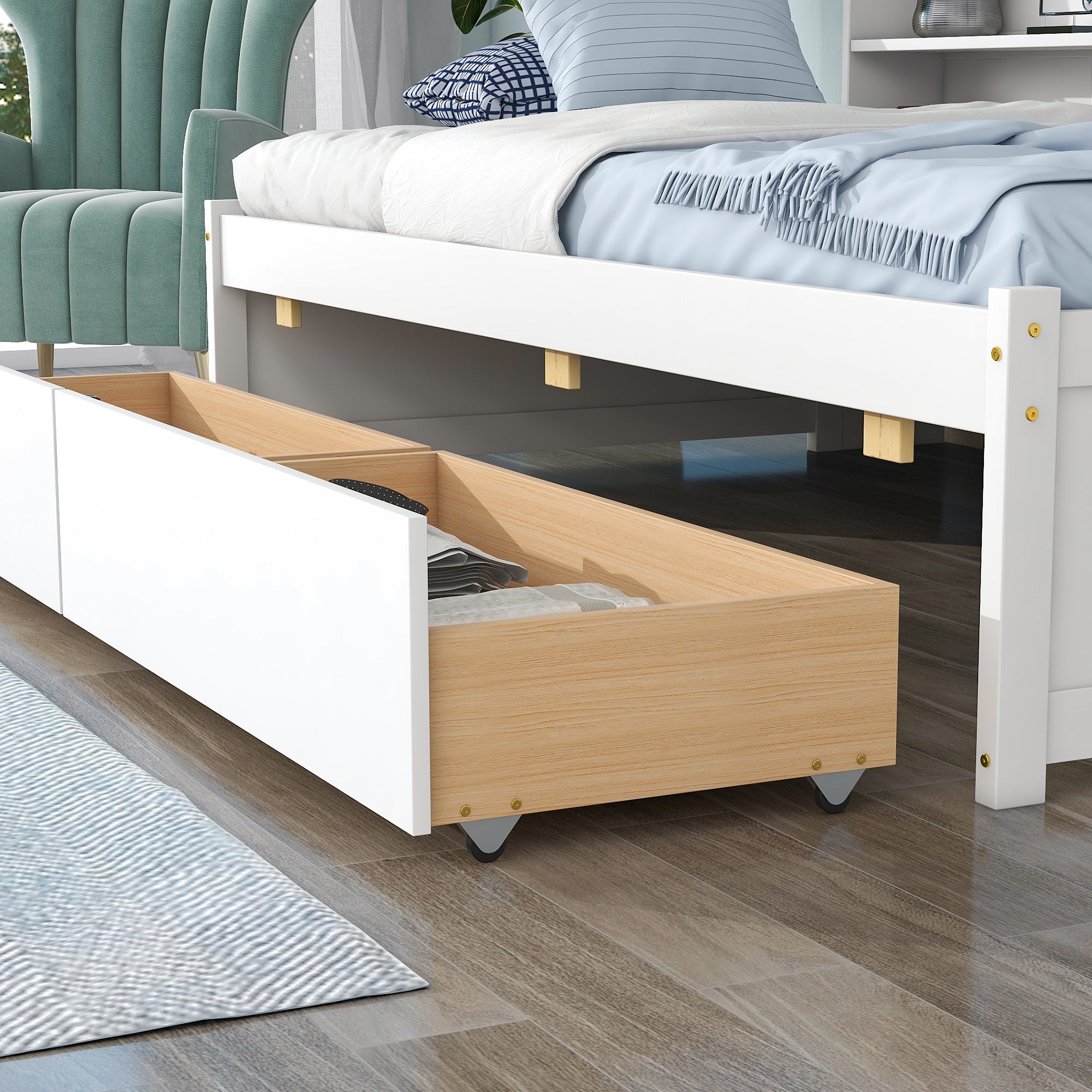 White Twin Bed with Side Bookcase and Storage Drawers