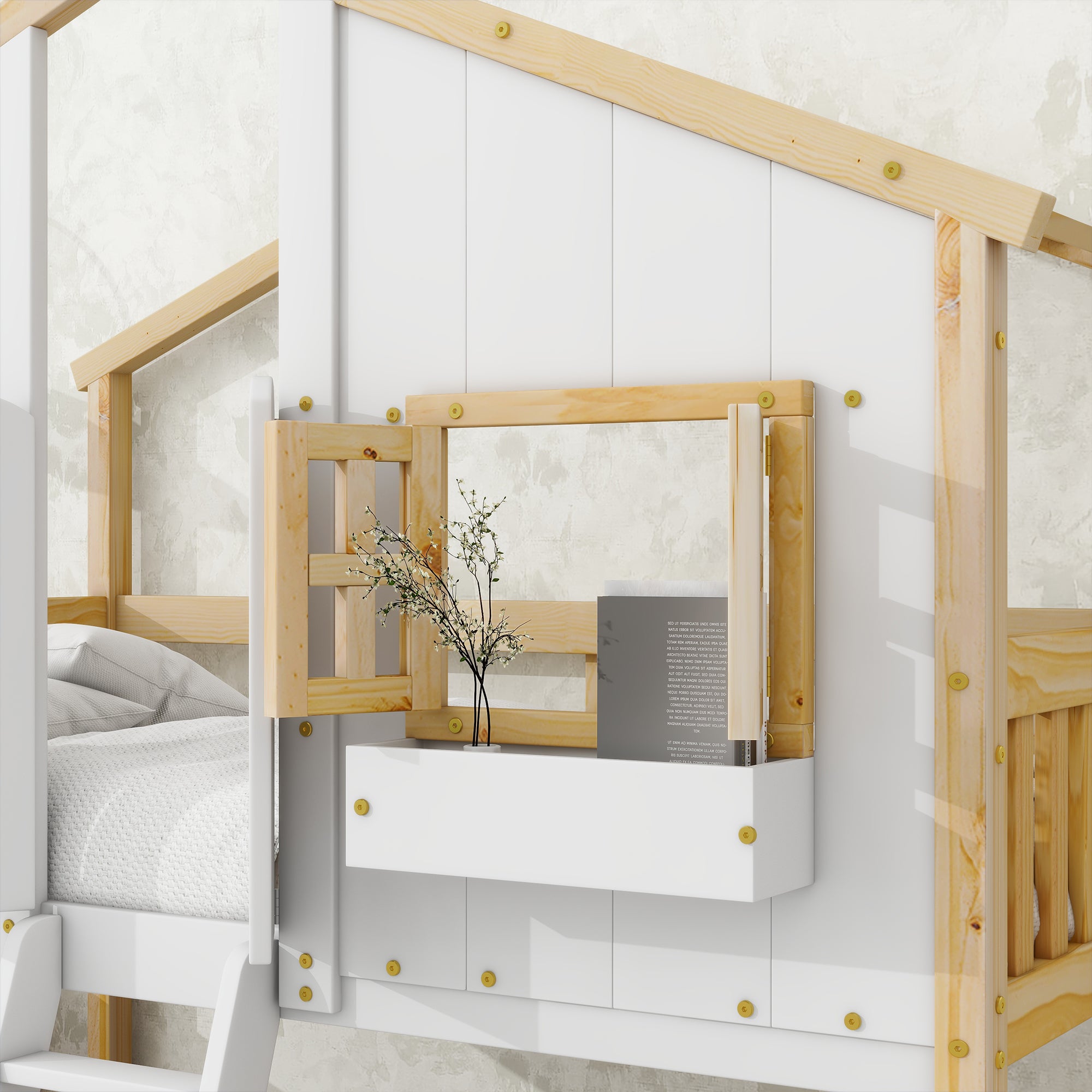 Twin Over Twin House Bunk Bed with Roof, Window, and Door in Natural and White Tones