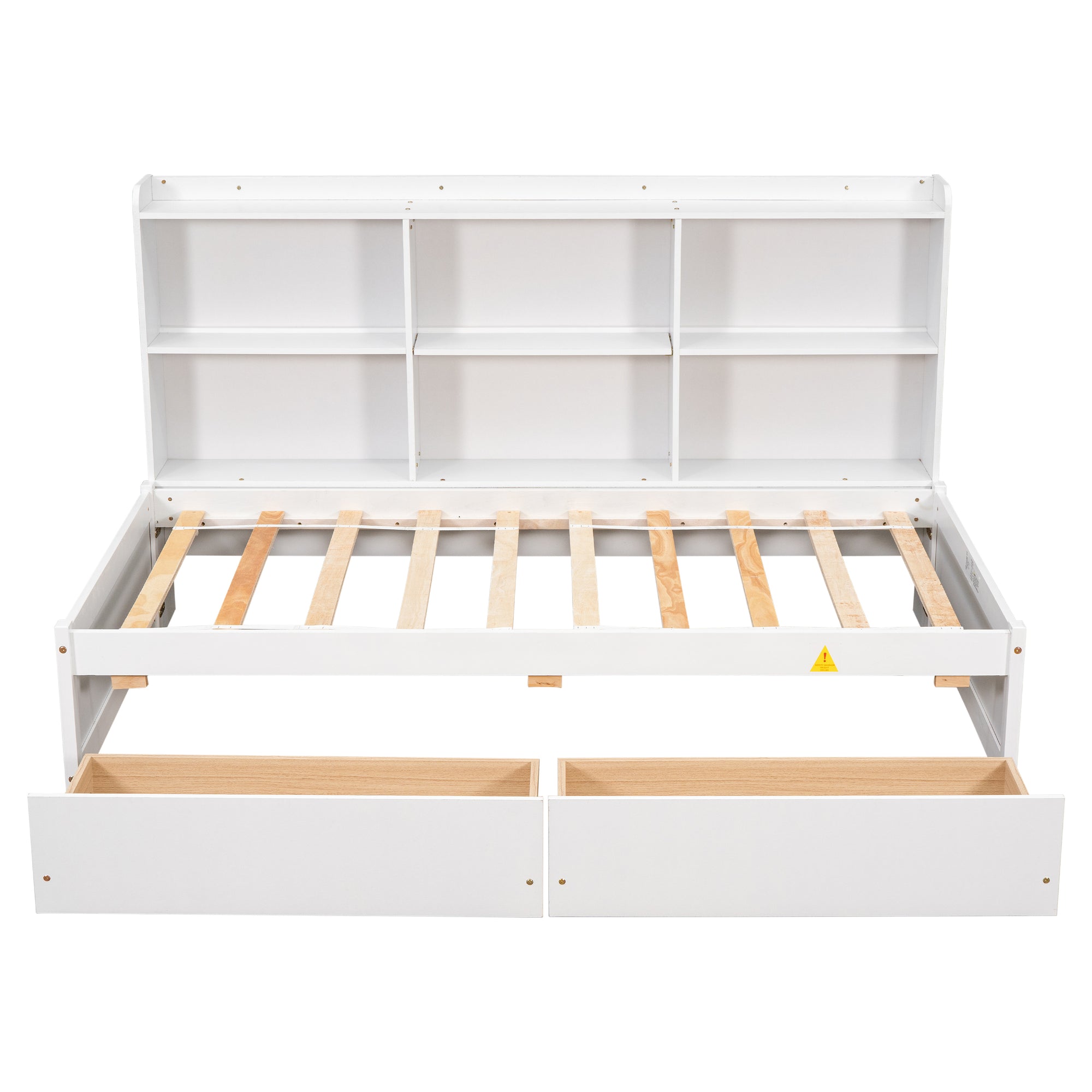 White Twin Bed with Side Bookcase and Storage Drawers