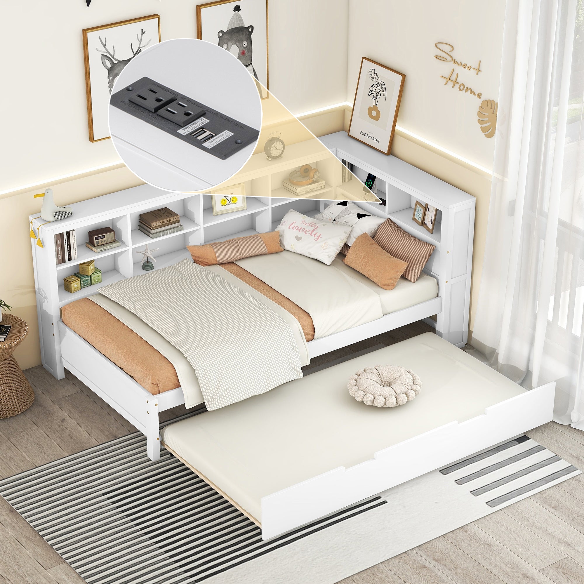 Wooden Twin Size DayBed with Trundle and USB Ports In White