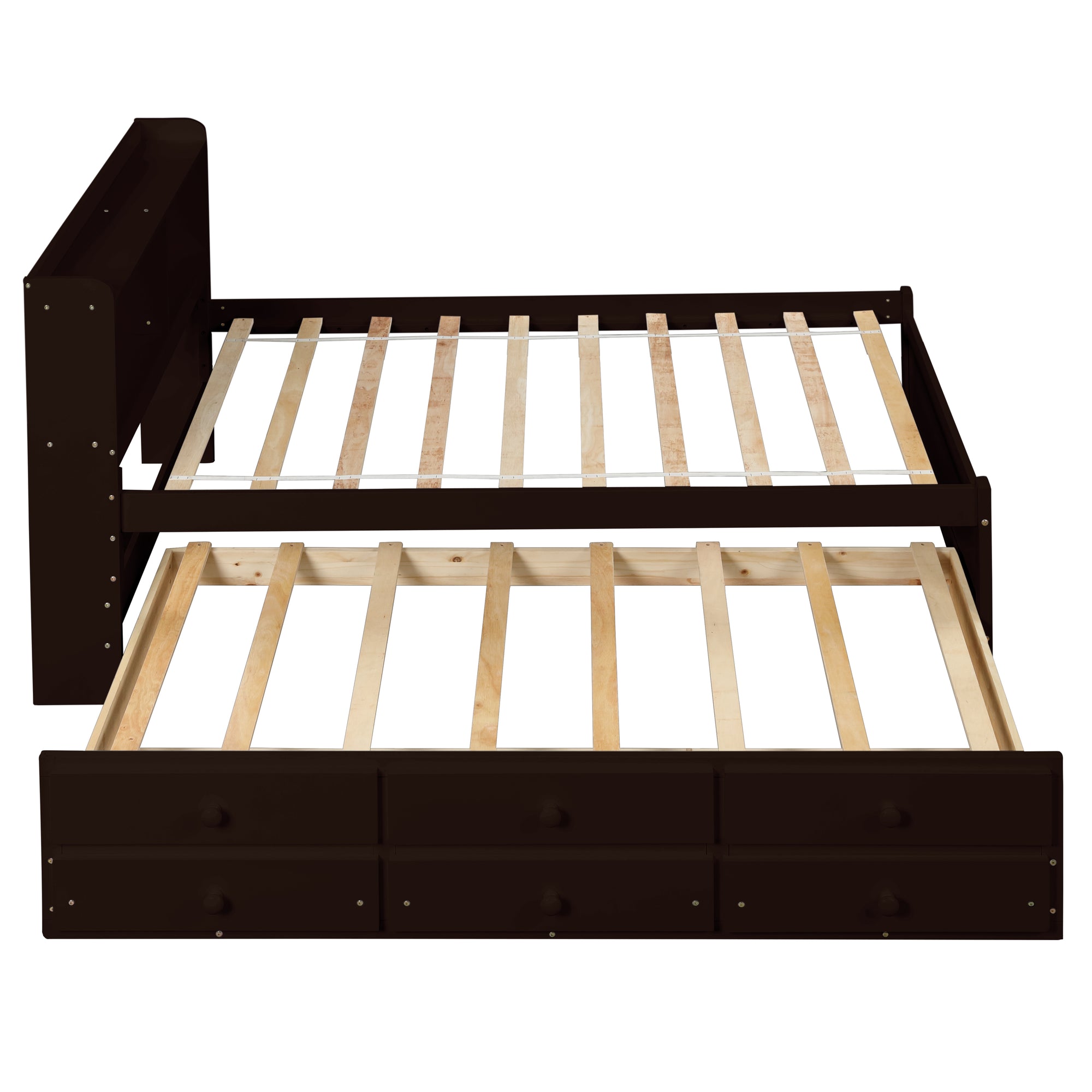 Twin Size Bed with Storage Integrated Headboard, Trundle & Drawers in Espresso