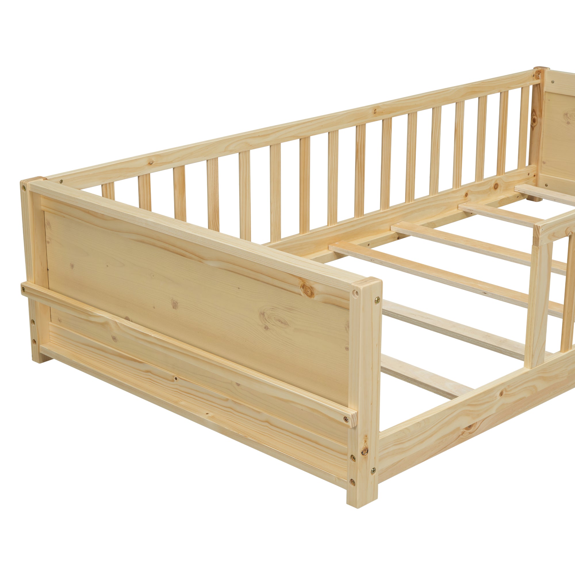 Natural Finish Twin Toddler Floor Bed with Built-in Book Storage Rack