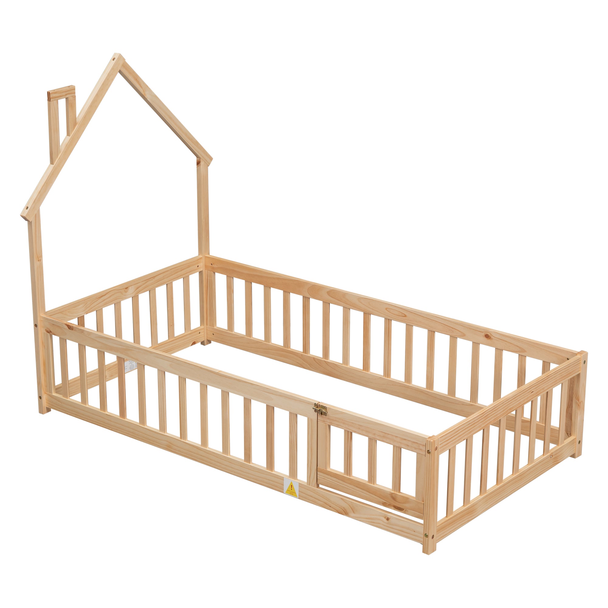 Natural Twin House-Shaped Headboard Toddler Floor Bed with Fence