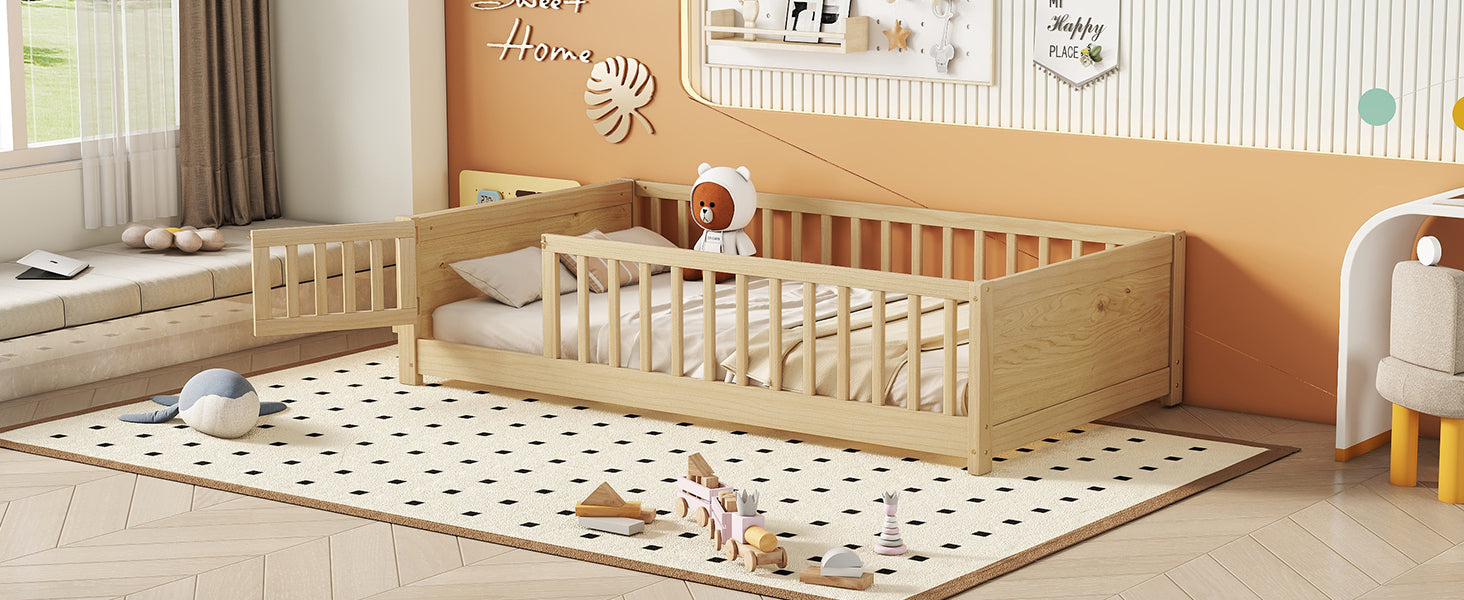 Natural Finish Twin Size Toddler Floor Platform Bed with Built-in Book Storage Rack and Door