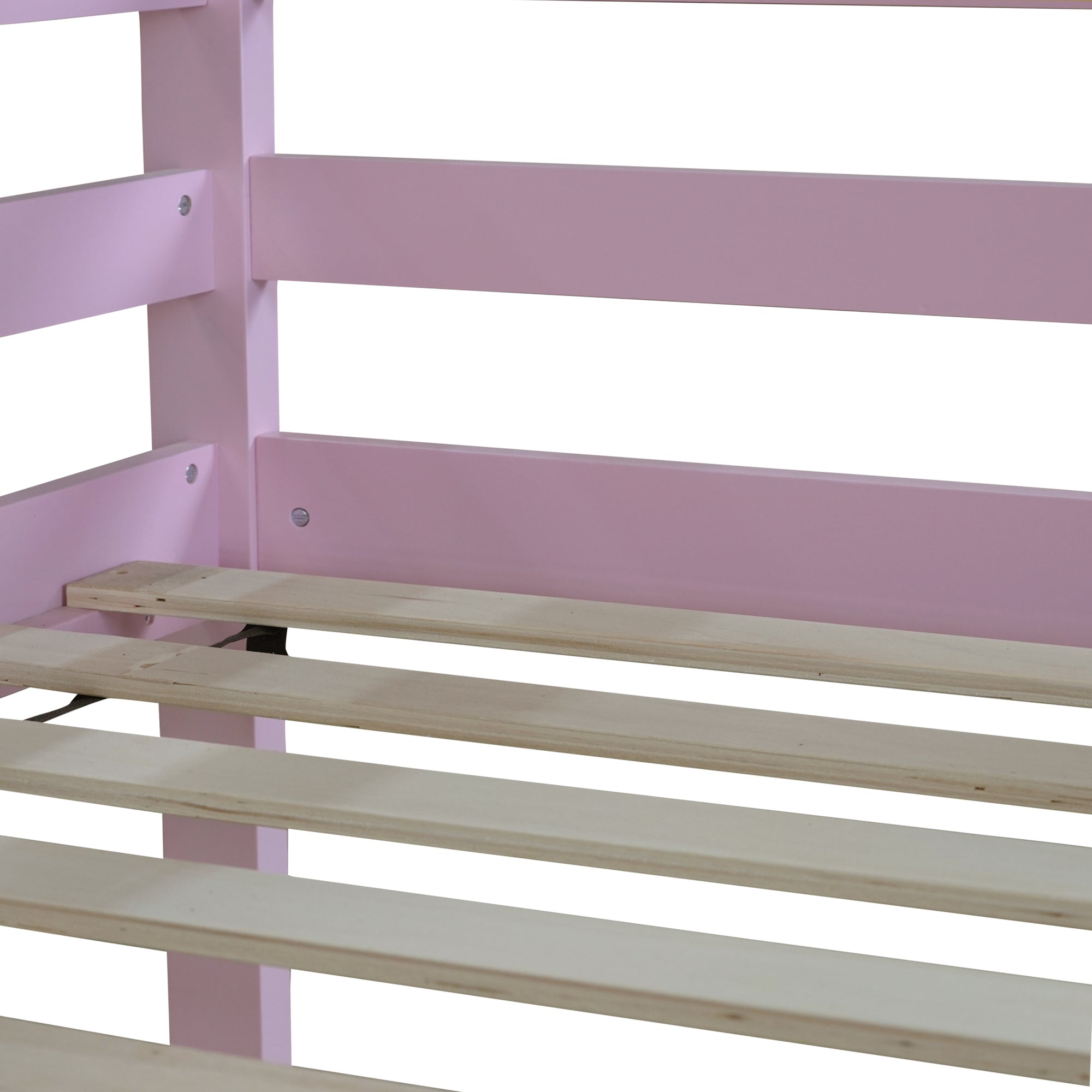 Twin Over Twin Pink House-Shaped Floor Bunk Bed with Ladder and Guardrails