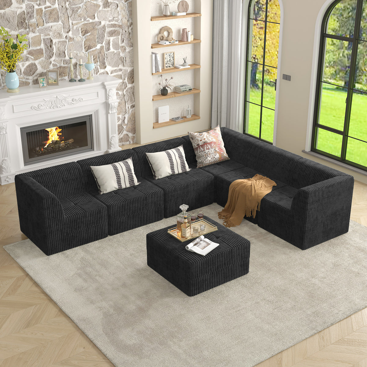 L Shape Modular Sectional Sofa with Soft Terrycloth Upholstery and Space-Efficient Design for Living Room and Bedroom In Black