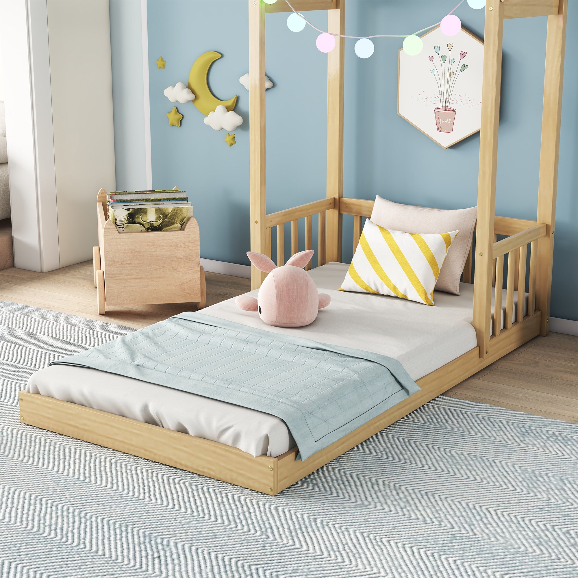 Natural Twin House-Shaped Roof Headboard Toddler Floor Bed