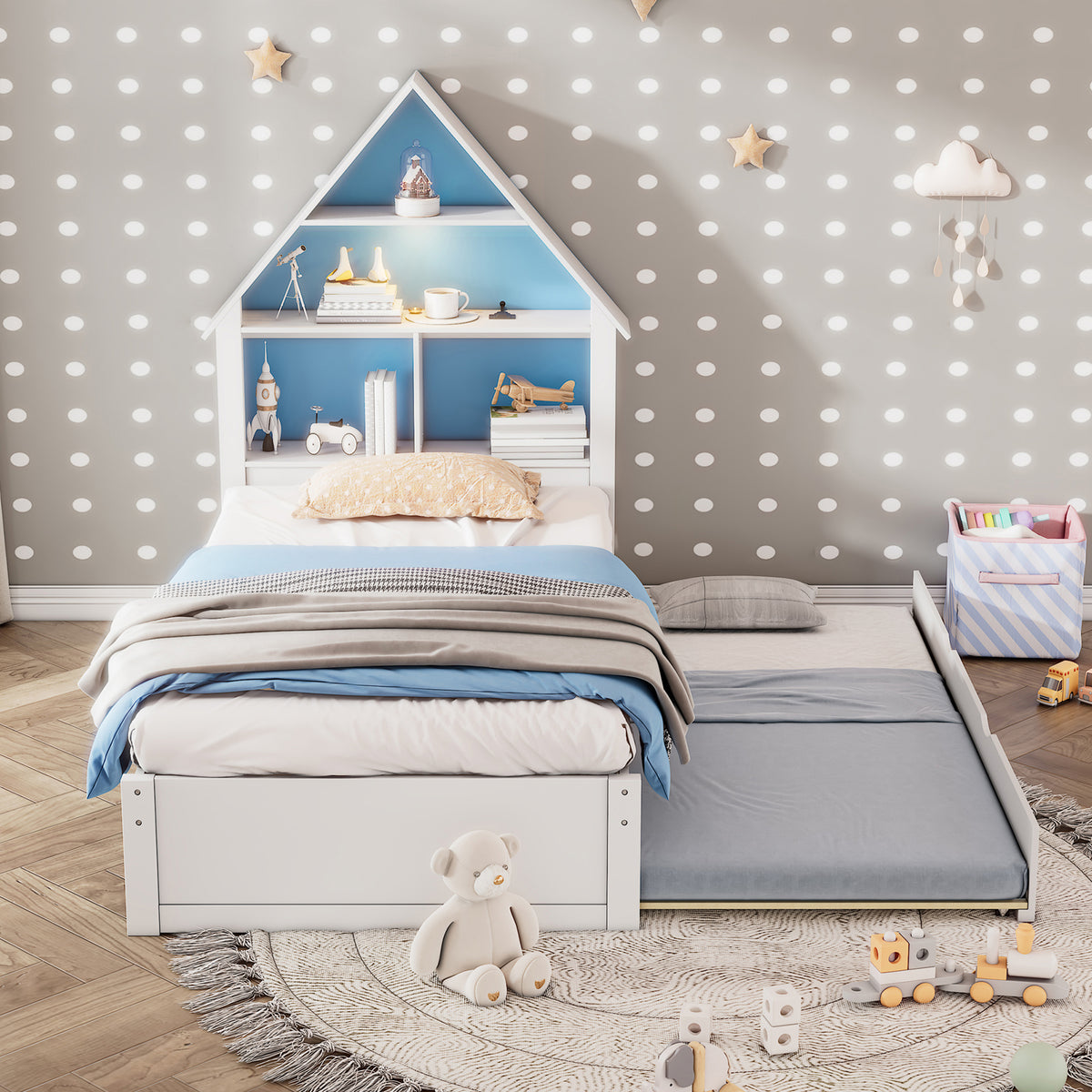 White &amp; Blue Twin Size Bed with Bookcase, Trundle, and Motion-Activated Nightlight