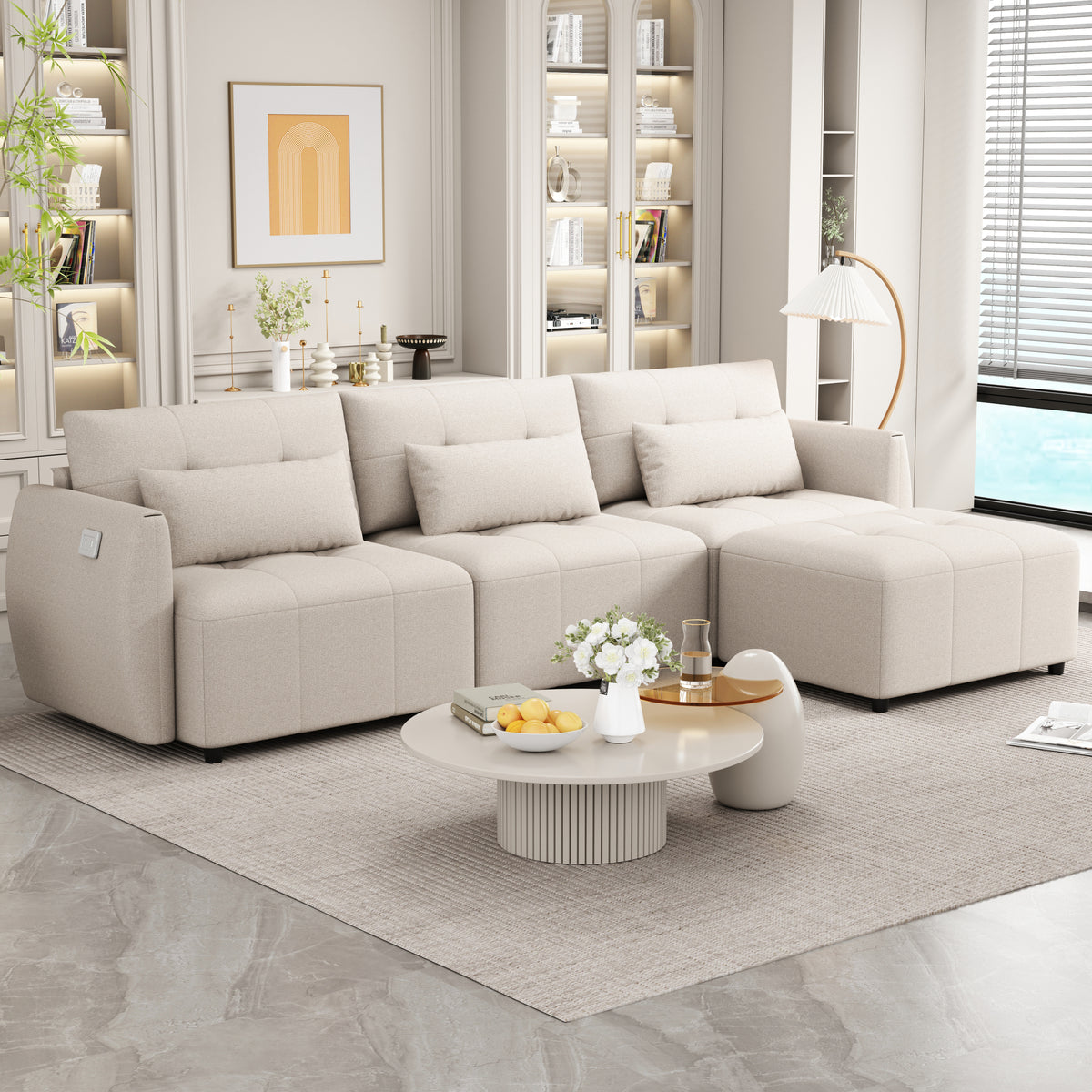 Khartoum Sectional Sofa with Movable Ottoman in Beige Chenille