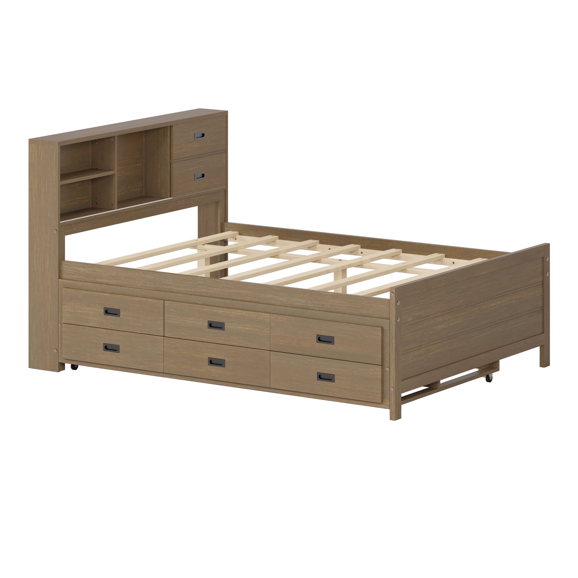 Walnut Fininsh Full Wooden Bed Frame with Trundle and Drawers