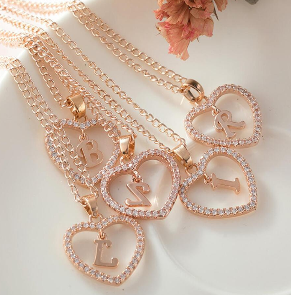 Crystal initial heart necklace heart initial pendant necklace