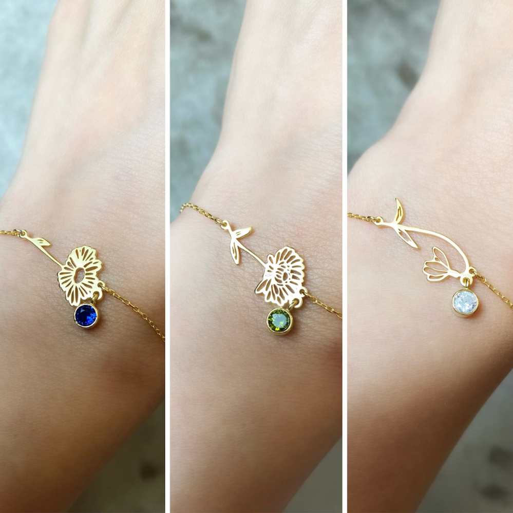 Birthday Flower Bracelet Birthstone and Flower Bracelet