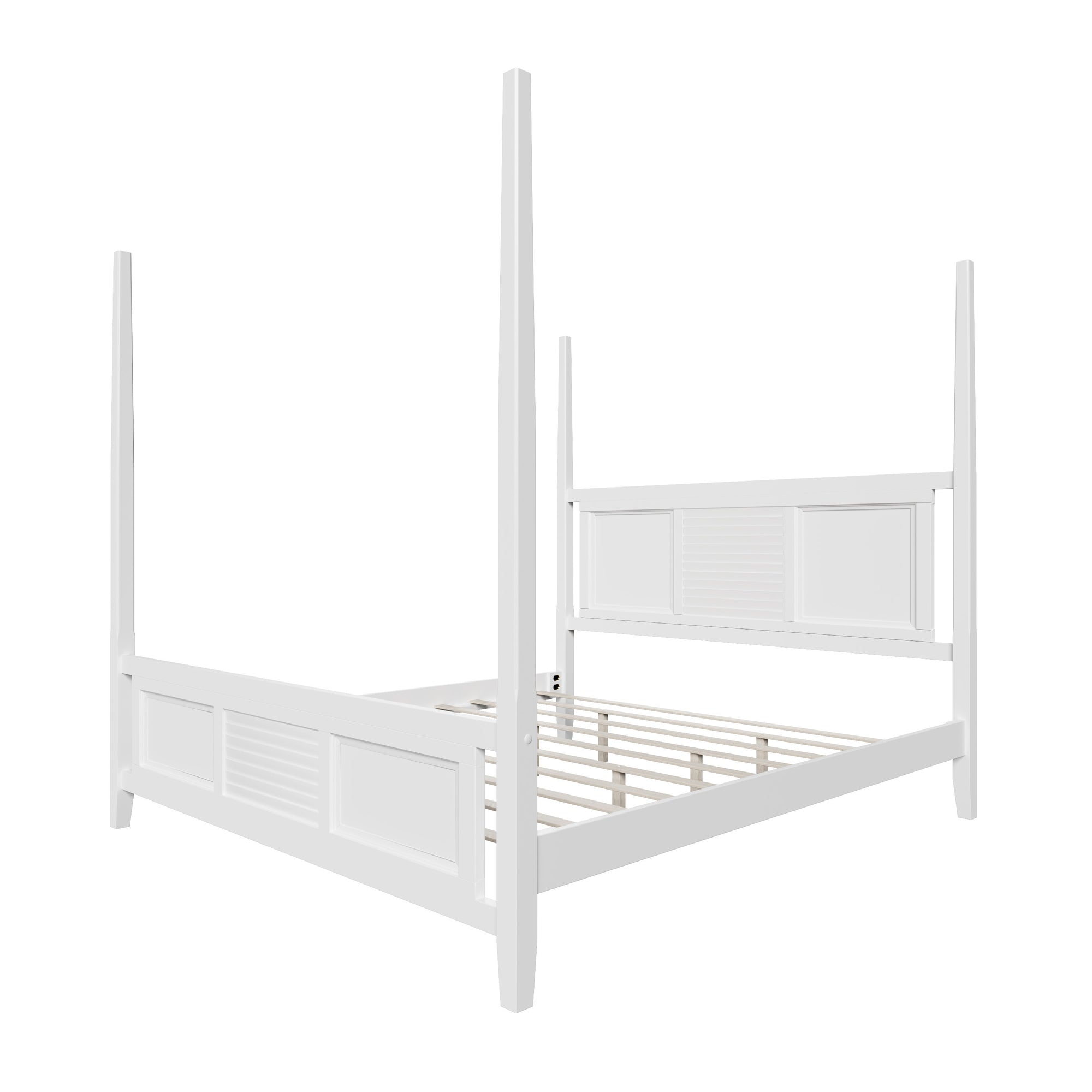 White Classic Solid Wood Four Poster King Bed with Horizontal Grille