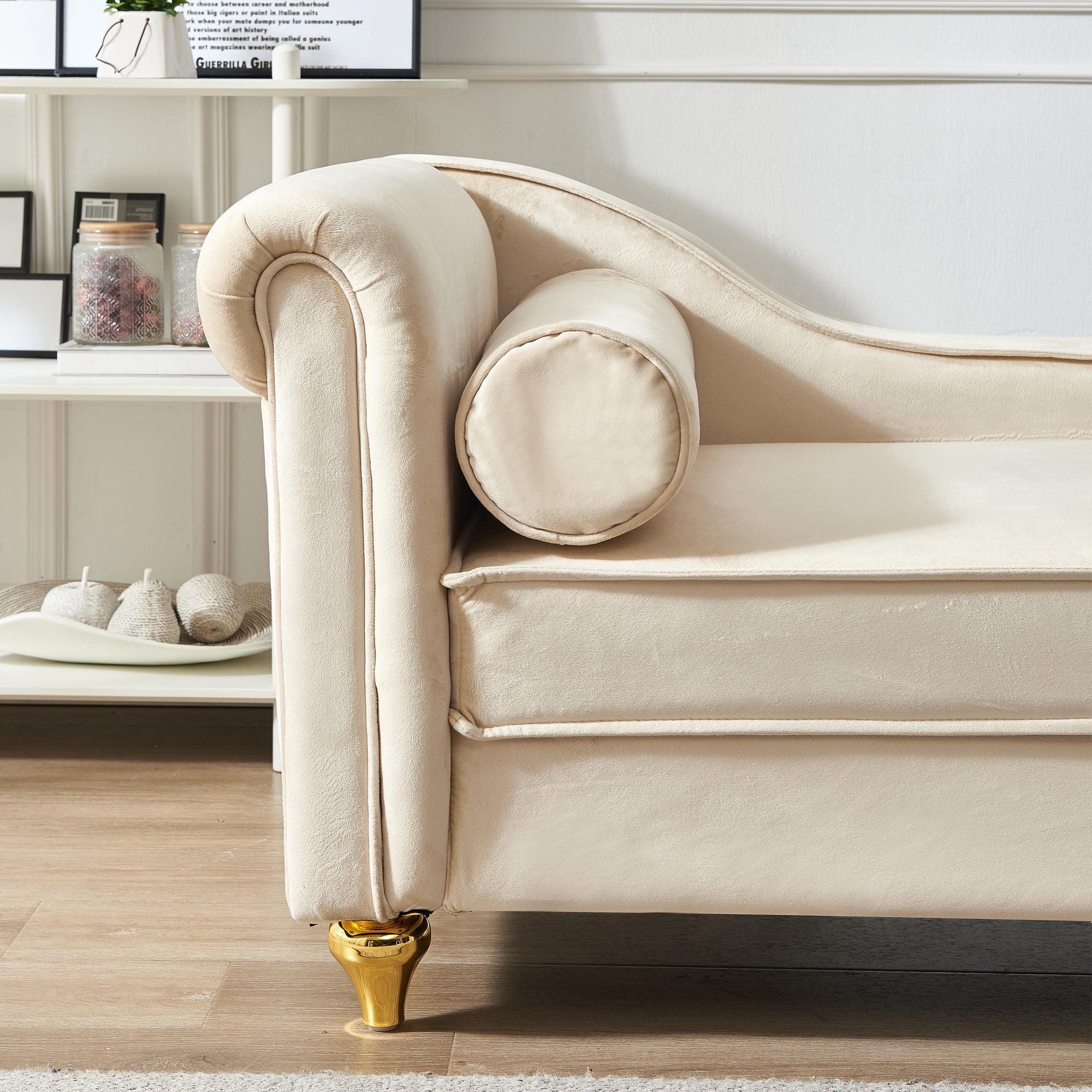 Beige Velvet Chaise Lounge With Storage