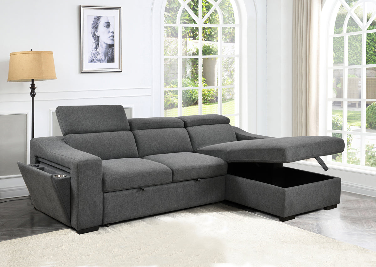 Convertible L-shaped Sectional Sofa with Storage Chaise Adjustable Headrests and USB Charging In Dark Gray