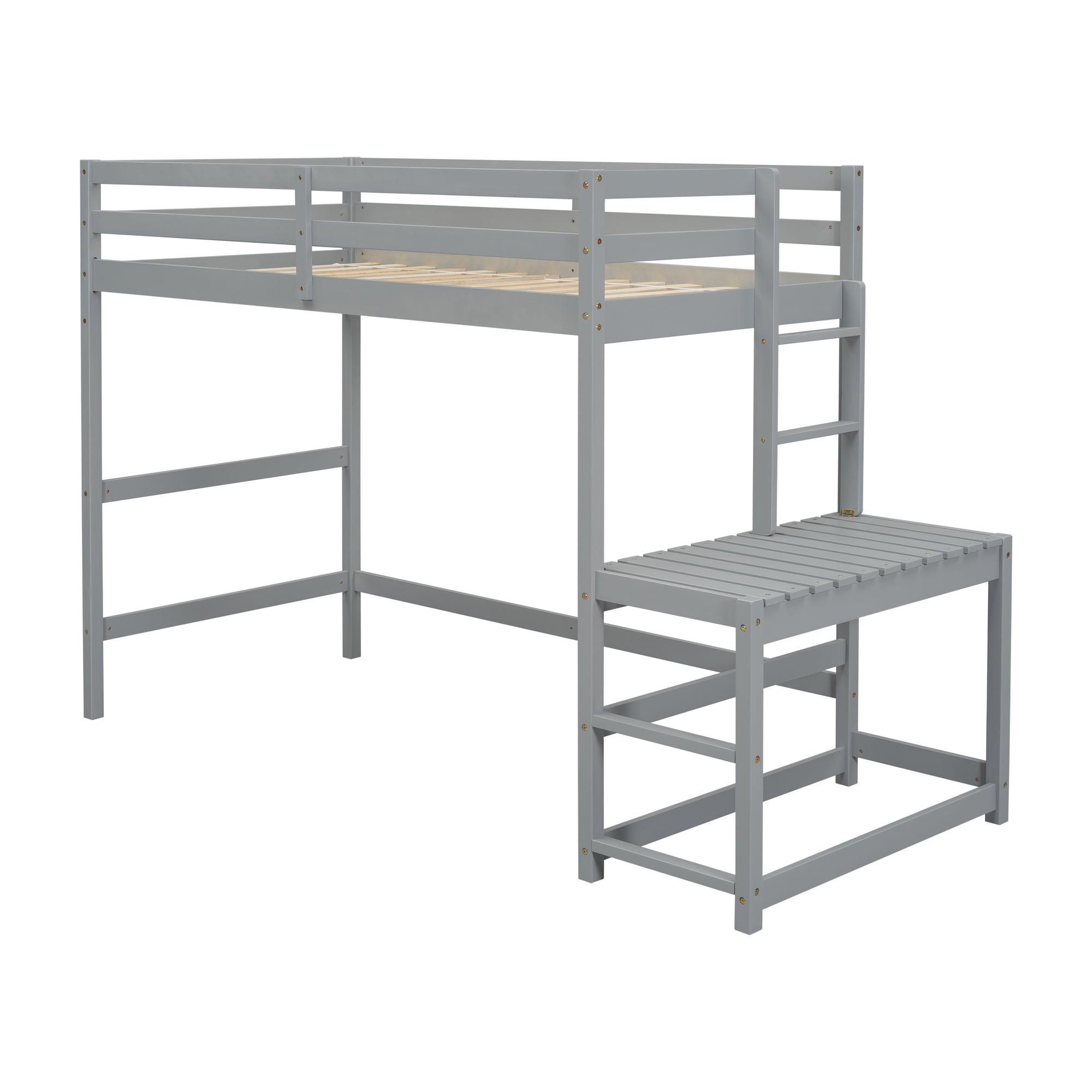 Gray Twin High Loft Bed with Ladder Landing Platform and Guardrails