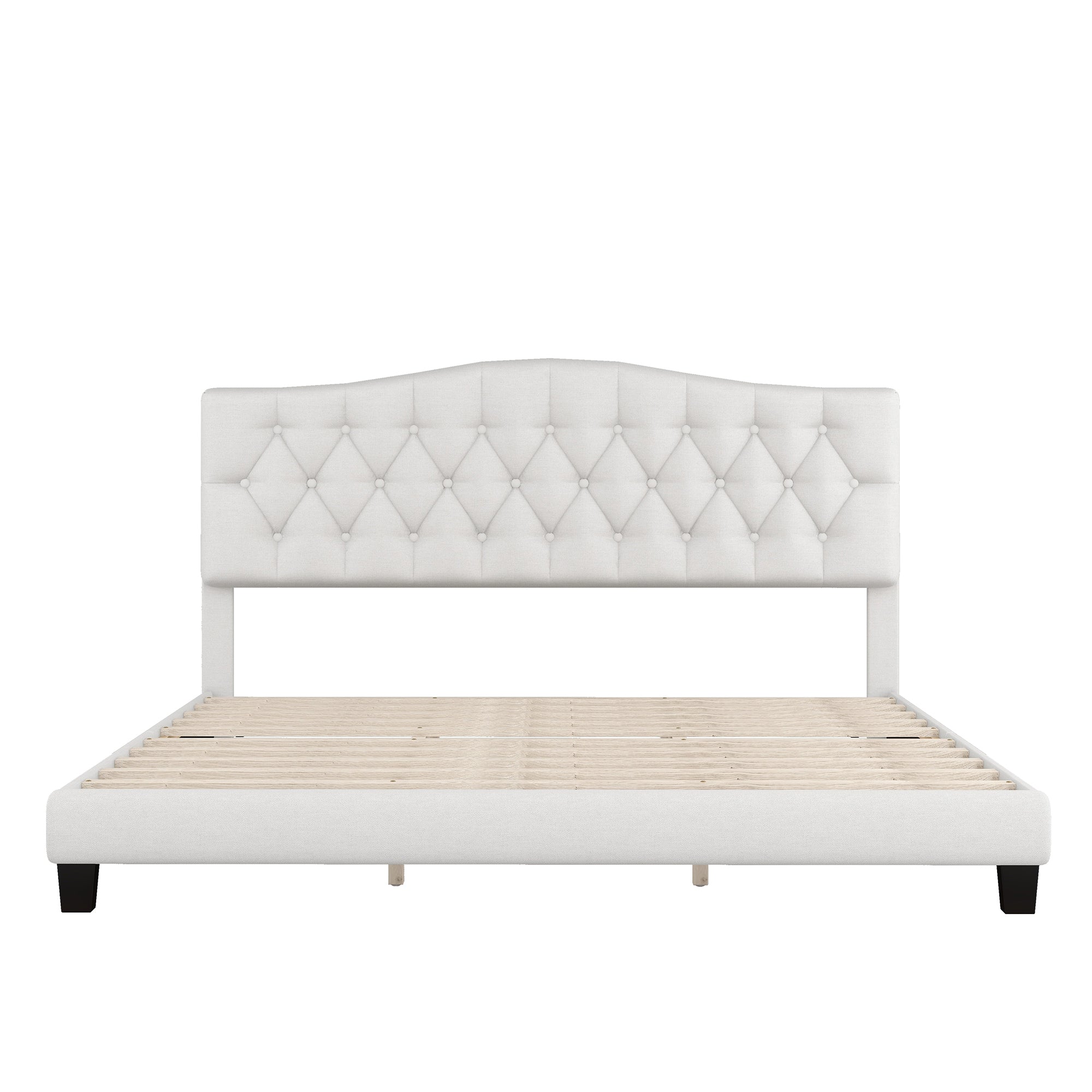 King Upholstered Platform Bed With Curved Headboard and Diamond Tufted Details