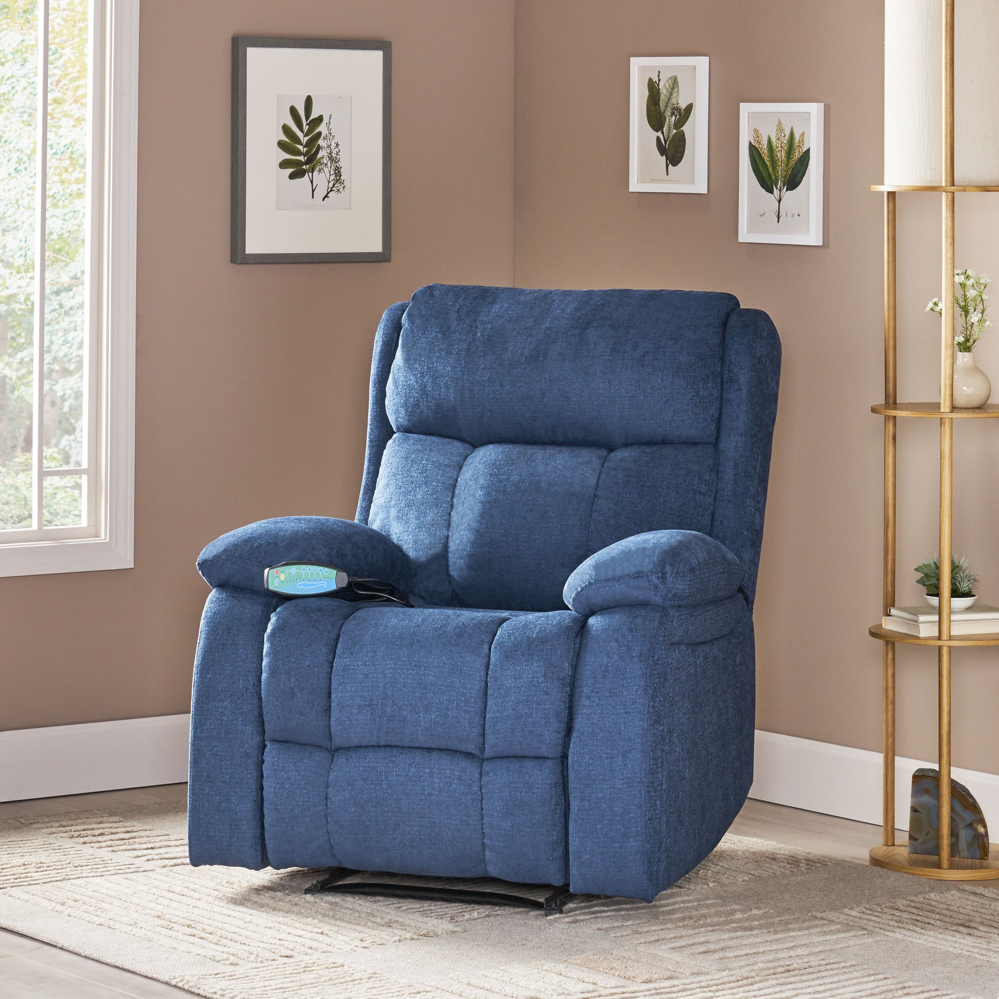 Navy Blue Fabric Heat & Massage Recliner