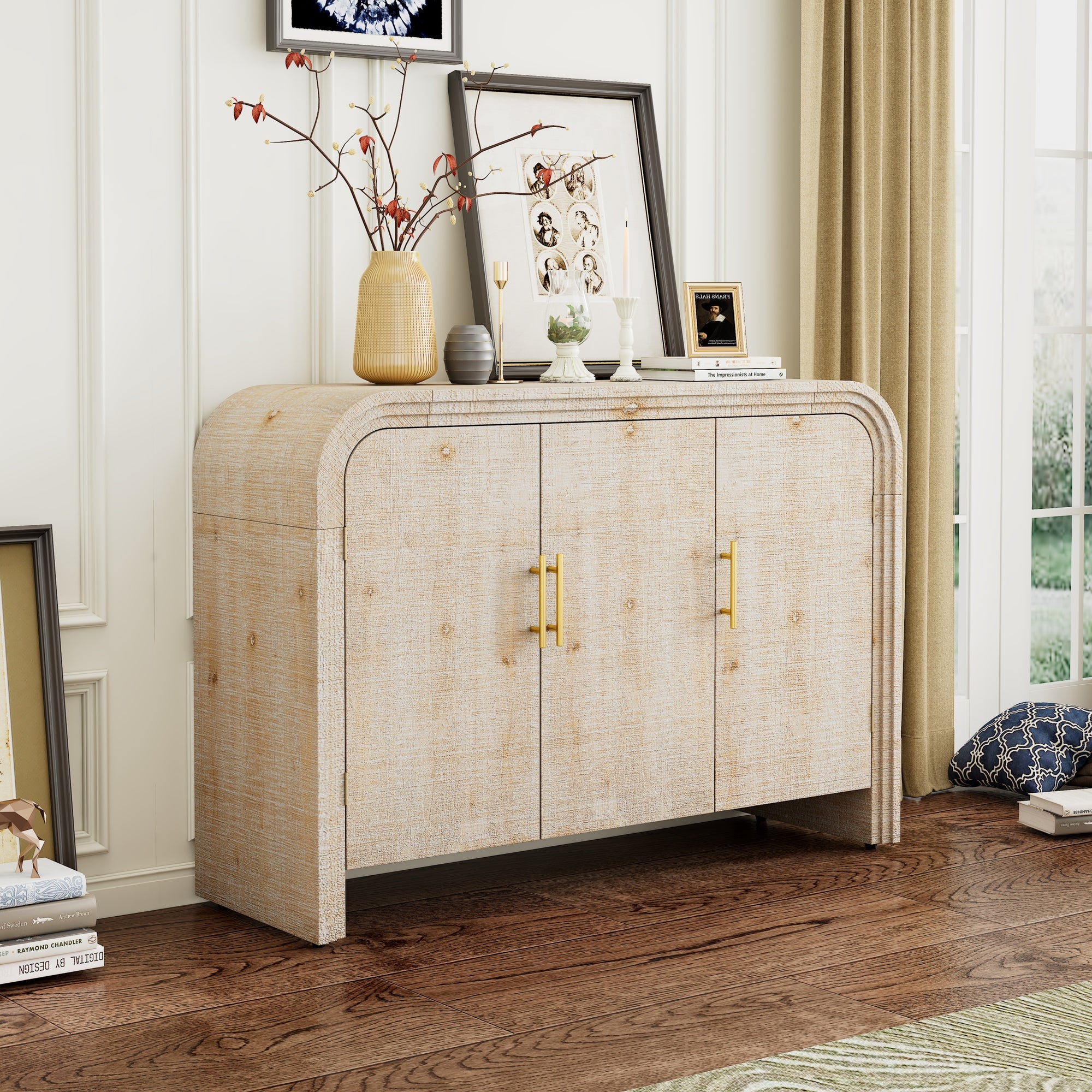 Retro Minimalist Curved Sideboard with Gold Handles and Adjustable Dividers In Natural Wood Wash