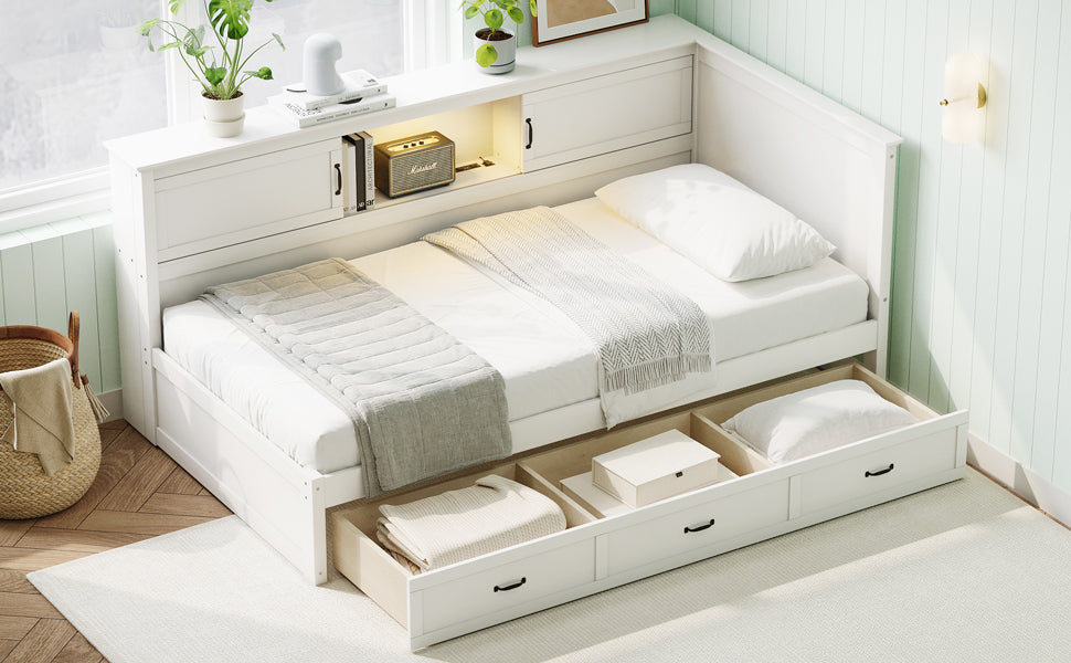 Full L-Shaped Daybed with Storage Cabinets, Drawers & Built-In Charging Station