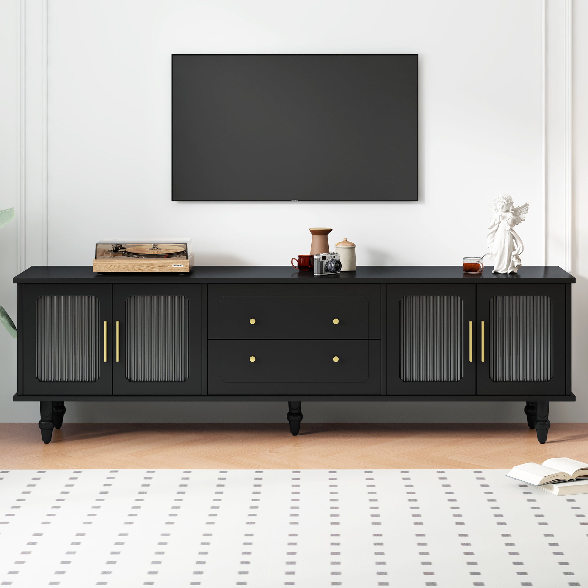 Retro Design TV Stand with Fluted Glass Doors for TVs Up to 78 In Black, Practical Media Console with 2 Drawers and Cabinets