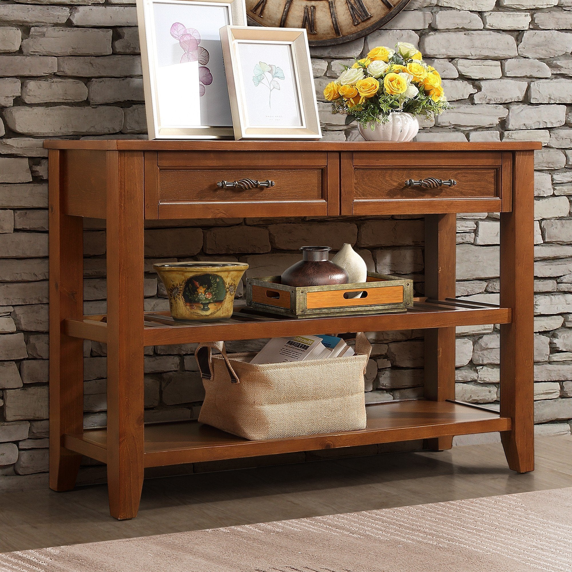 Console Sofa Table with 2 Storage Drawers and 2 Tiers Shelves Mid-Century Style Solid Wood Buffet Sideboard for Living Room In Brown