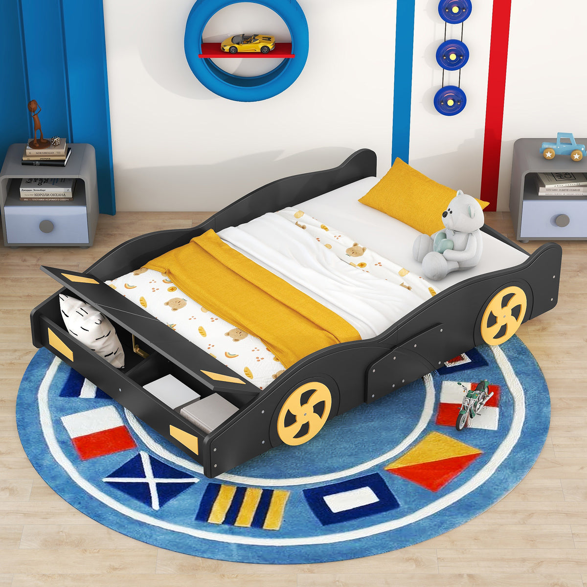 Full Size Race Car-Shaped Platform Bed with Wheels and Storage In Black and Yellow