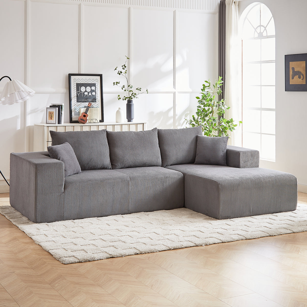 Modern Corduroy Upholstered Sectional Sofa Couch Set With Modular Design And Five Pillows For Customizable Comfort In Grey