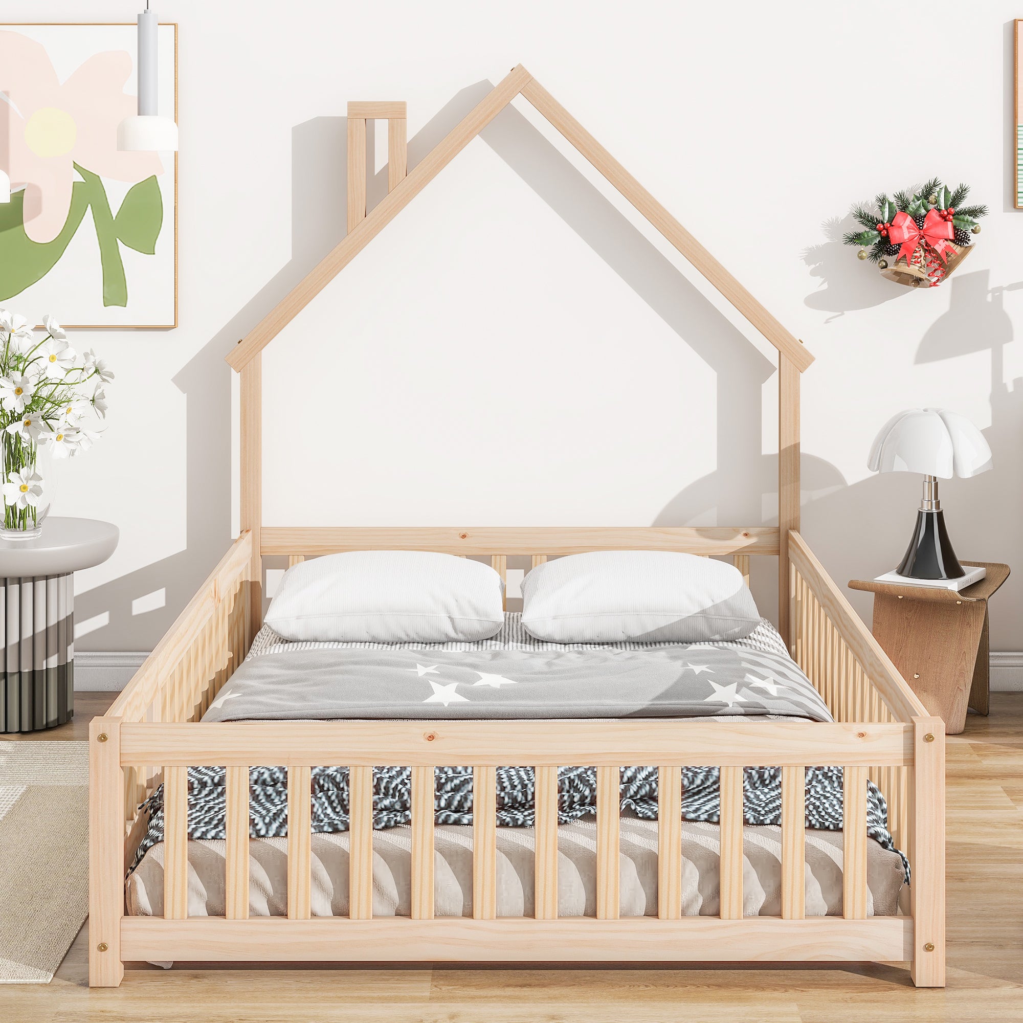 Natural Tone Full House-Shaped Headboard Floor Bed with Fence