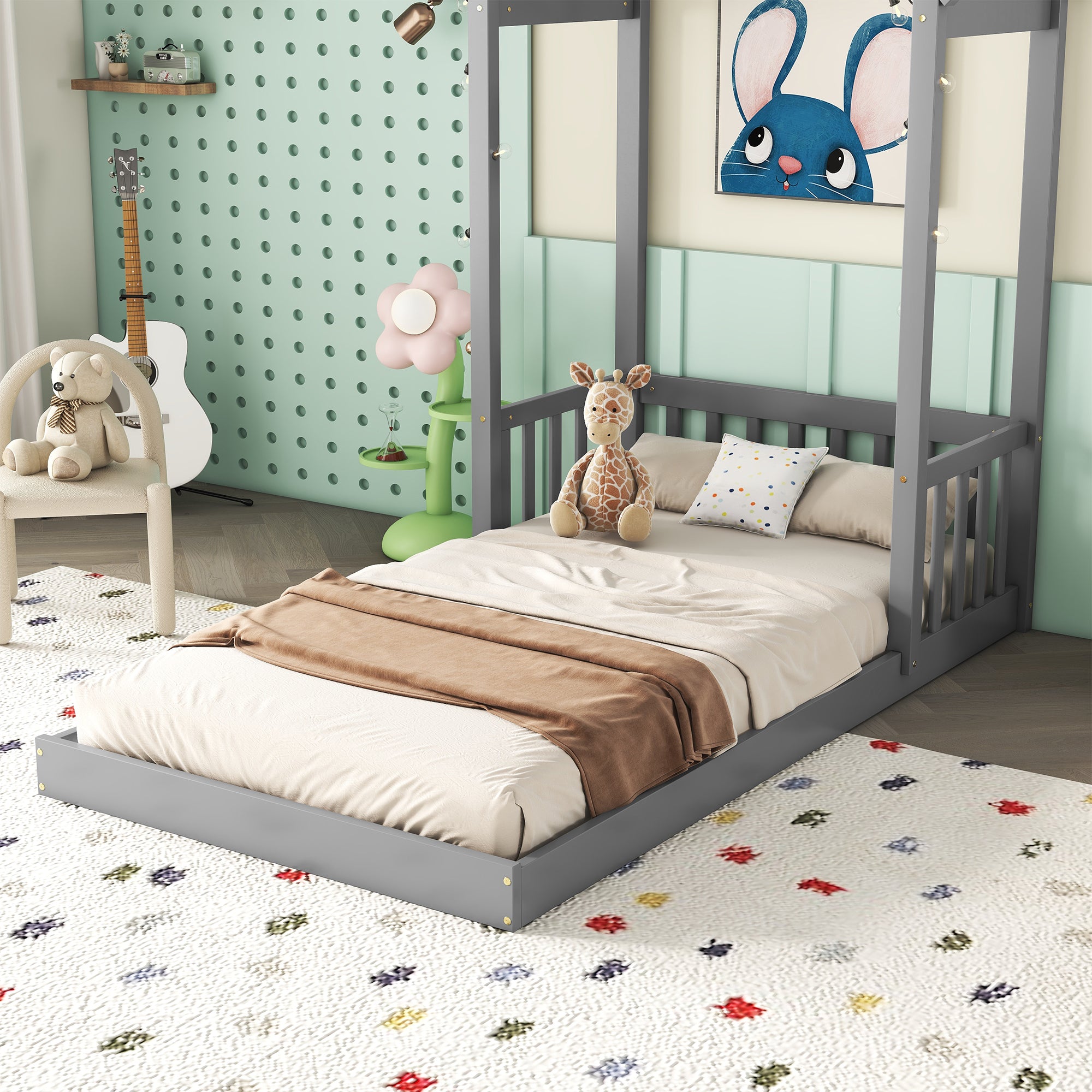 Gray Twin House-Shaped Roof Headboard Toddler Floor Bed