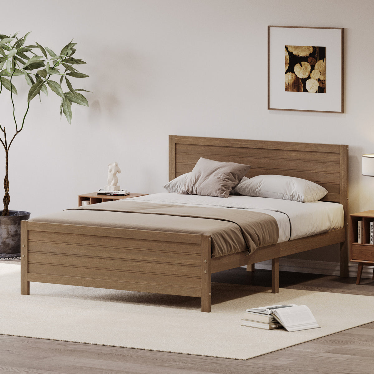 King Size Walnut Wooden Platform Bed Frame