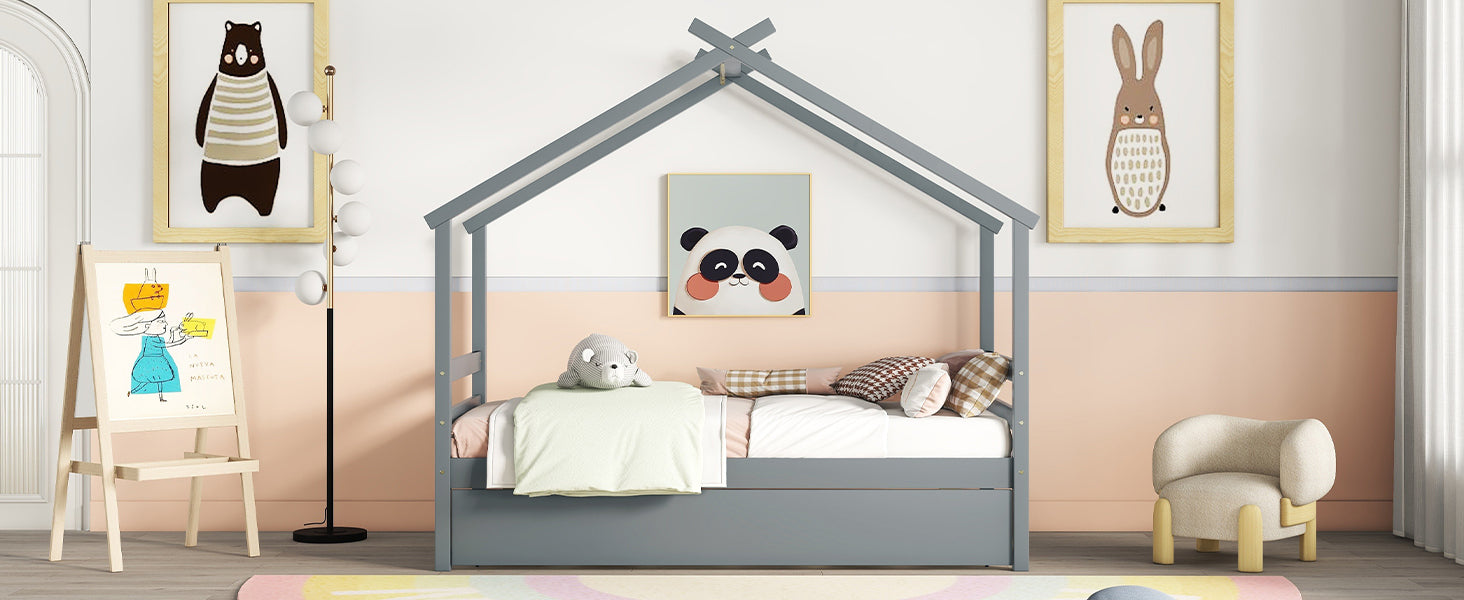 Gray Twin House-Shaped Bed with Pull-Out Trundle